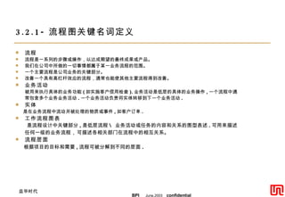 3.2.1- 流程图关键名词定义 流程 流程是一系列的步骤或操作，以达成期望的最终成果或产品。 我们在公司中所做的一切事情都属于某一业务流程的范围。 一个主要流程是公司业务的关键部分。 改善一个具有高杠杆效应的流程，通常也能使其他主要流程得到改善。 业务活动 被用来执行具体的业务功能 ( 如实施客户信用检查 ). 业务活动是低层的具体的业务操作 , 一个流程中通常包含多个业务业务活动 . 一个业务活动负责将实体转移到下一个业务活动 . 实体 是在业务流程中流动并被处理的物质或事件 , 如客户订单 . 工作流程图表 是流程设计中关键部分 , 是低层流程 \ 业务活动或任务的内容和关系的图型表述 . 可用来描述任何一级的业务流程 ， 可描述各相关部门在流程中的相互关系。 流程层面 根据项目的目标和需要 , 流程可被分解到不同的层面 .   