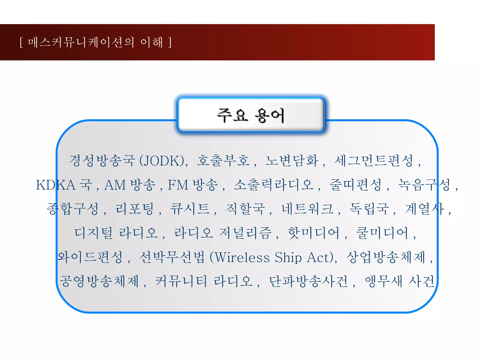 경성방송국 (JODK),  호출부호 ,  노변담화 ,  세그먼트편성 ,  KDKA 국 , AM 방송 , FM 방송 ,  소출력라디오 ,  줄띠편성 ,  녹음구성 , 종합구성 ,  리포팅 ,  큐시트 ,  직할국 ,  네트워크 ,  독립국 ,  계열사 ,  디지털 라디오 ,  라디오 저널리즘 ,  핫미디어 ,  쿨미디어 ,  와이드편성 ,  선박무선법 (Wireless Ship Act),  상업방송체제 ,  공영방송체제 ,  커뮤니티 라디오 ,  단파방송사건 ,  앵무새 사건 [ 매스커뮤니케이션의 이해 ] 주요 용어 