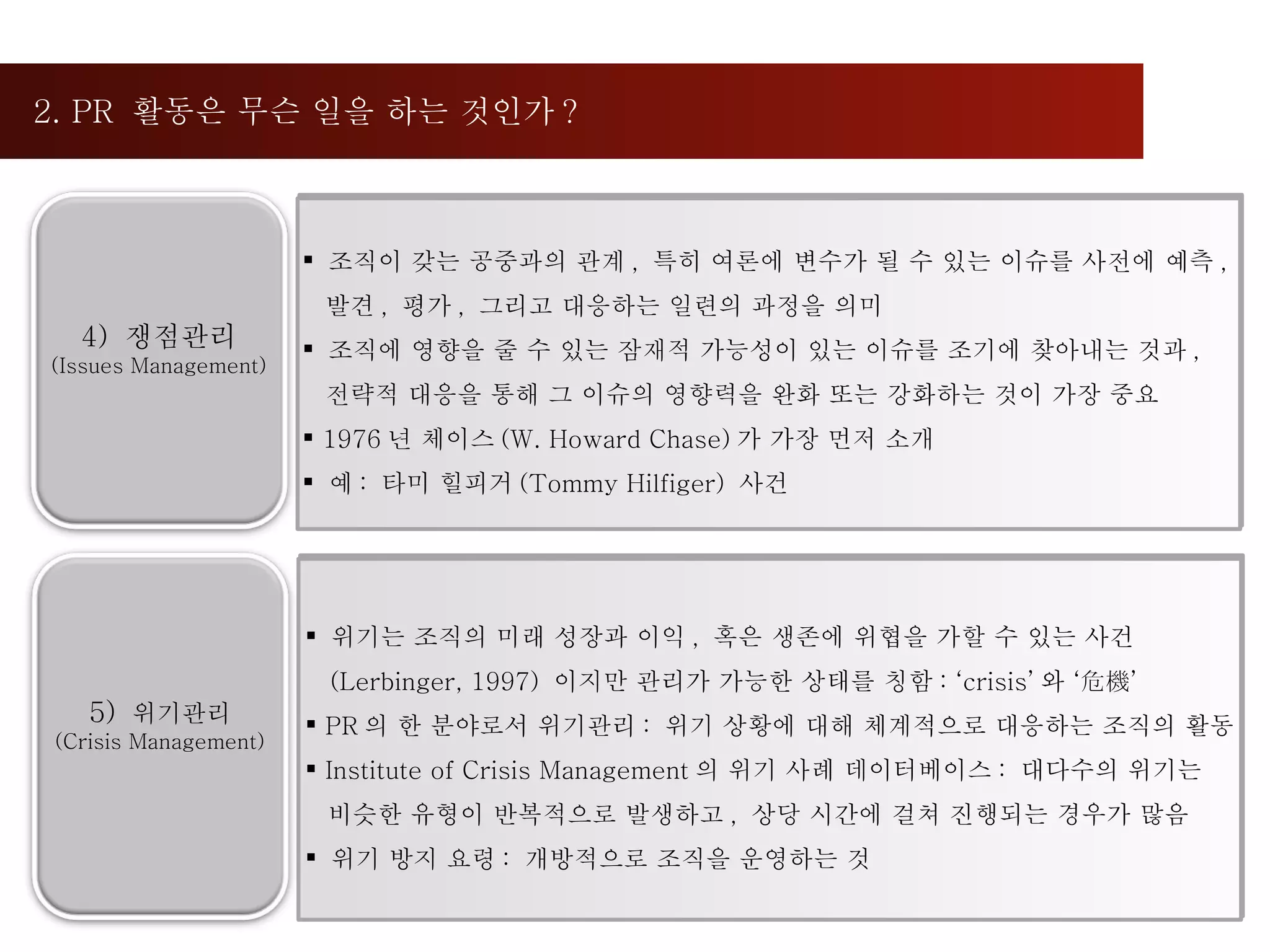 2. PR  활동은 무슨 일을 하는 것인가 ?  O  조직이 갖는 공중과의 관계 ,  특히 여론에 변수가 될 수 있는 이슈를 사전에 예측 ,  발견 ,  평가 ,  그리고 대응하는 일련의 과정을 의미 O  조직에 영향을 줄 수 있는 잠재적 가능성이 있는 이슈를 조기에 찾아내는 것과 ,  전략적 대응을 통해 그 이슈의 영향력을 완화 또는 강화하는 것이 가장 중요 O 1976 년 체이스 (W. Howard Chase) 가 가장 먼저 소개 O  예 :  타미 힐피거 (Tommy Hilfiger)  사건  O  위기는 조직의 미래 성장과 이익 ,  혹은 생존에 위협을 가할 수 있는 사건  (Lerbinger, 1997)  이지만 관리가 가능한 상태를 칭함 : ‘crisis’ 와 ‘危機’ O PR 의 한 분야로서 위기관리 :  위기 상황에 대해 체계적으로 대응하는 조직의 활동 O Institute of Crisis Management 의 위기 사례 데이터베이스 :  대다수의 위기는 비슷한 유형이 반복적으로 발생하고 ,  상당 시간에 걸쳐 진행되는 경우가 많음 O  위기 방지 요령 :  개방적으로 조직을 운영하는 것 조직이 갖는 공중과의 관계 ,  특히 여론에 변수가 될 수 있는 이슈를 사전에 예측 ,  발견 ,  평가 ,  그리고 대응하는 일련의 과정을 의미 조직에 영향을 줄 수 있는 잠재적 가능성이 있는 이슈를 조기에 찾아내는 것과 ,  전략적 대응을 통해 그 이슈의 영향력을 완화 또는 강화하는 것이 가장 중요 1976 년 체이스 (W. Howard Chase) 가 가장 먼저 소개 예 :  타미 힐피거 (Tommy Hilfiger)  사건  위기는 조직의 미래 성장과 이익 ,  혹은 생존에 위협을 가할 수 있는 사건  (Lerbinger, 1997)  이지만 관리가 가능한 상태를 칭함 : ‘crisis’ 와 ‘危機’ PR 의 한 분야로서 위기관리 :  위기 상황에 대해 체계적으로 대응하는 조직의 활동 Institute of Crisis Management 의 위기 사례 데이터베이스 :  대다수의 위기는 비슷한 유형이 반복적으로 발생하고 ,  상당 시간에 걸쳐 진행되는 경우가 많음 위기 방지 요령 :  개방적으로 조직을 운영하는 것 4)  쟁점관리 (Issues Management) 5)  위기관리 (Crisis Management) 