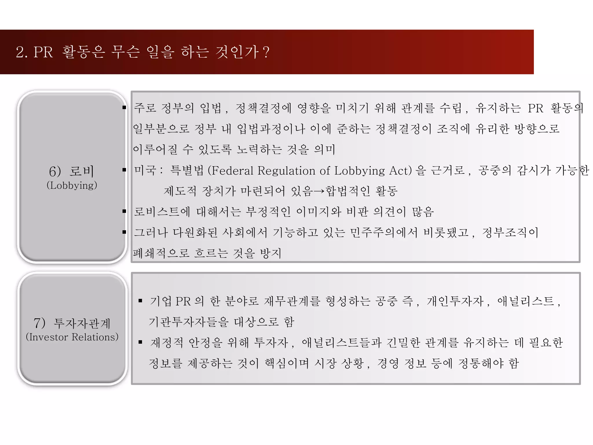2. PR  활동은 무슨 일을 하는 것인가 ?  주로 정부의 입법 ,  정책결정에 영향을 미치기 위해 관계를 수립 ,  유지하는  PR  활동의  일부분으로 정부 내 입법과정이나 이에 준하는 정책결정이 조직에 유리한 방향으로 이루어질 수 있도록 노력하는 것을 의미 미국 :  특별법 (Federal Regulation of Lobbying Act) 을 근거로 ,  공중의 감시가 가능한 제도적 장치가 마련되어 있음->합법적인 활동 로비스트에 대해서는 부정적인 이미지와 비판 의견이 많음 그러나 다원화된 사회에서 기능하고 있는 민주주의에서 비롯됐고 ,  정부조직이  폐쇄적으로 흐르는 것을 방지 기업 PR 의 한 분야로 재무관계를 형성하는 공중 즉 ,  개인투자자 ,  애널리스트 ,  기관투자자들을 대상으로 함 재정적 안정을 위해 투자자 ,  애널리스트들과 긴밀한 관계를 유지하는 데 필요한  정보를 제공하는 것이 핵심이며 시장 상황 ,  경영 정보 등에 정통해야 함 6)  로비 (Lobbying) 7)  투자자관계 (Investor Relations) 