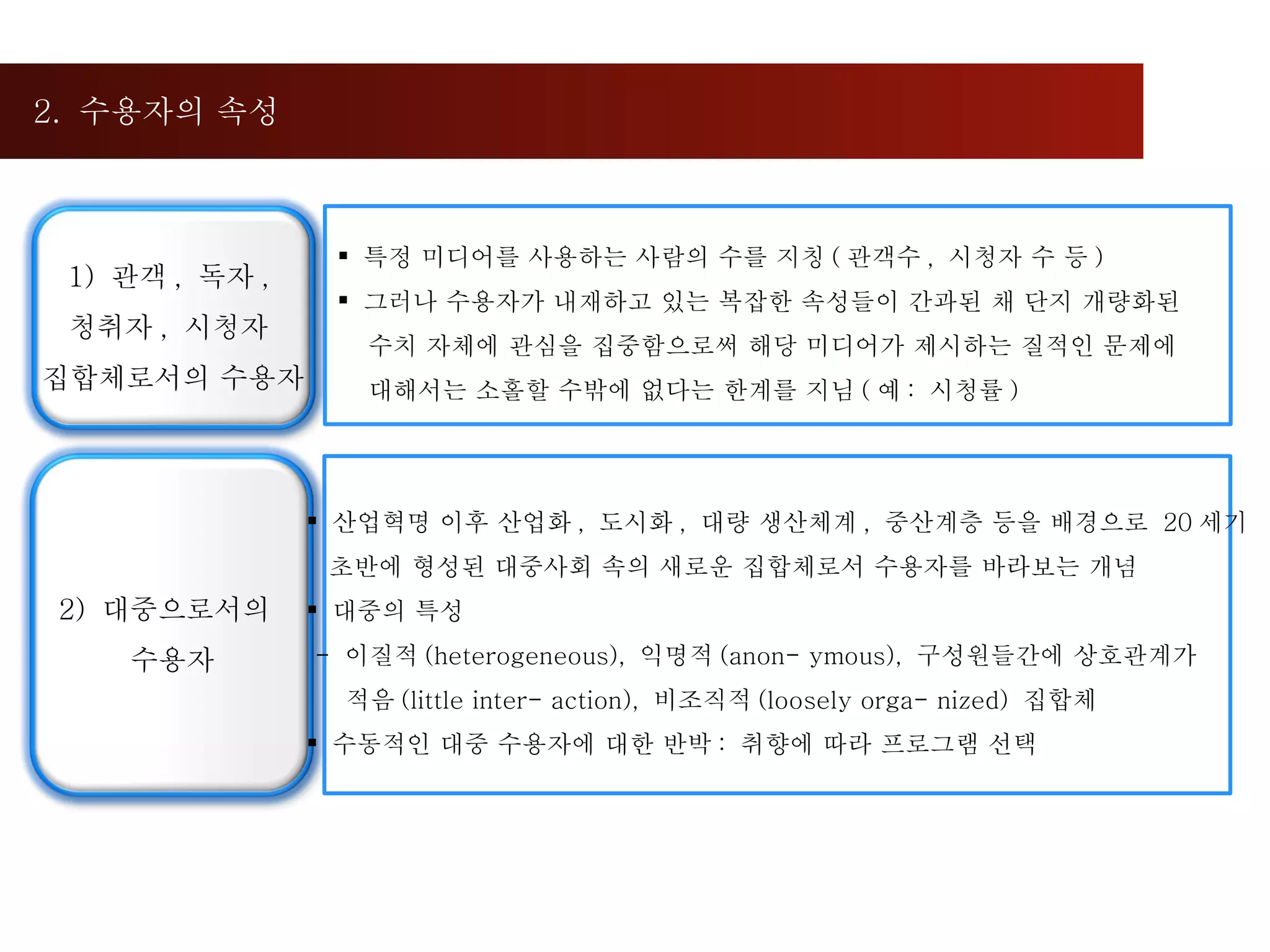 2.  수용자의 속성 특정 미디어를 사용하는 사람의 수를 지칭 ( 관객수 ,  시청자 수 등 ) 그러나 수용자가 내재하고 있는 복잡한 속성들이 간과된 채 단지 개량화된  수치 자체에 관심을 집중함으로써 해당 미디어가 제시하는 질적인 문제에  대해서는 소홀할 수밖에 없다는 한계를 지님 ( 예 :  시청률 ) 산업혁명 이후 산업화 ,  도시화 ,  대량 생산체계 ,  중산계층 등을 배경으로  20 세기 초반에 형성된 대중사회 속의 새로운 집합체로서 수용자를 바라보는 개념 대중의 특성 -  이질적 (heterogeneous),  익명적 (anon- ymous),  구성원들간에 상호관계가 적음 (little inter- action),  비조직적 (loosely orga- nized)  집합체 수동적인 대중 수용자에 대한 반박 :  취향에 따라 프로그램 선택  1)  관객 ,  독자 ,  청취자 ,  시청자  집합체로서의 수용자 2)  대중으로서의  수용자 