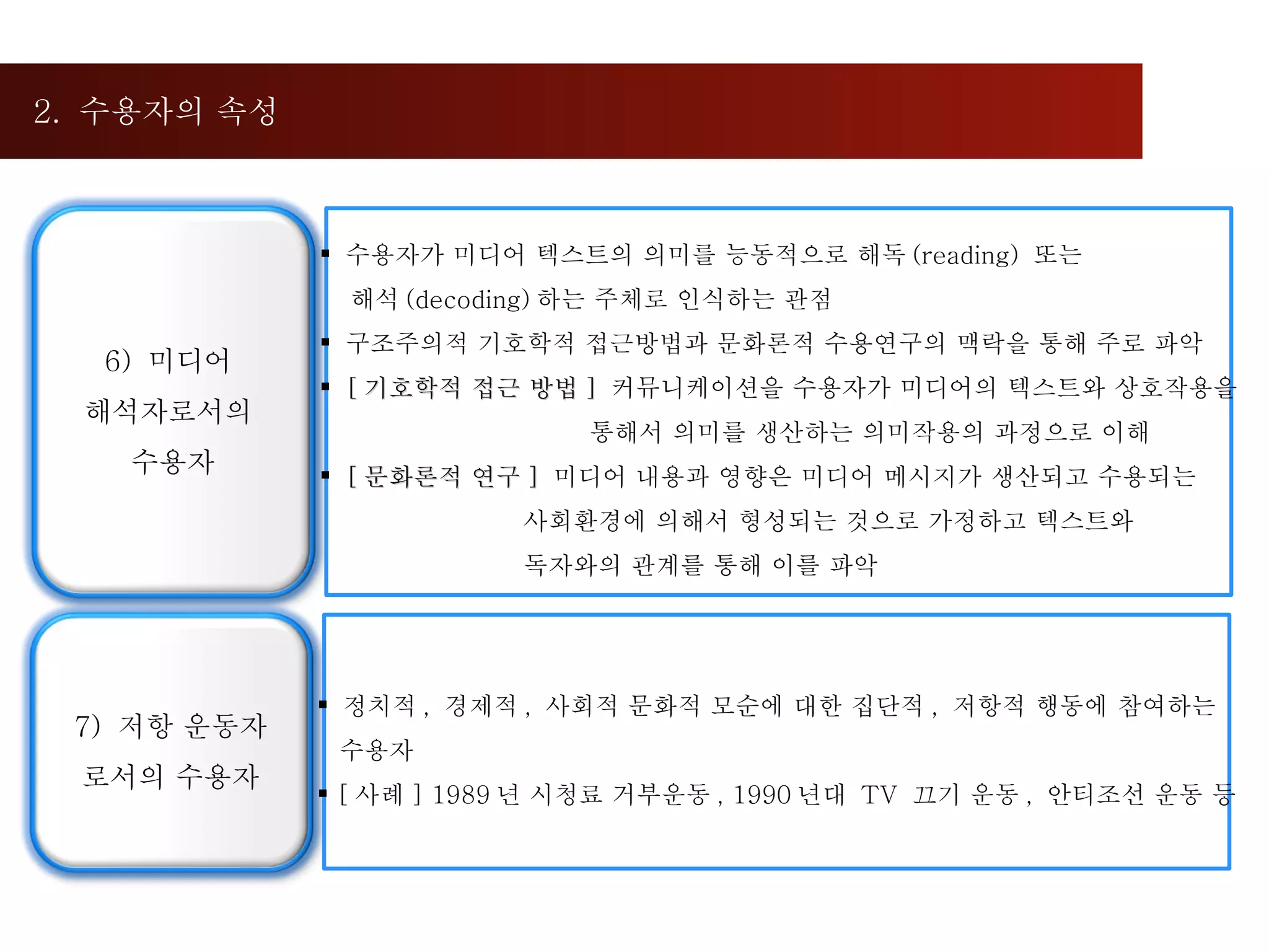 2.  수용자의 속성 수용자가 미디어 텍스트의 의미를 능동적으로 해독 (reading)  또는  해석 (decoding) 하는 주체로 인식하는 관점 구조주의적 기호학적 접근방법과 문화론적 수용연구의 맥락을 통해 주로 파악 [ 기호학적 접근 방법 ]  커뮤니케이션을 수용자가 미디어의 텍스트와 상호작용을 통해서 의미를 생산하는 의미작용의 과정으로 이해 [ 문화론적 연구 ]  미디어 내용과 영향은 미디어 메시지가 생산되고 수용되는  사회환경에 의해서 형성되는 것으로 가정하고 텍스트와  독자와의 관계를 통해 이를 파악 정치적 ,  경제적 ,  사회적 문화적 모순에 대한 집단적 ,  저항적 행동에 참여하는 수용자 [ 사례 ] 1989 년 시청료 거부운동 , 1990 년대  TV  끄기 운동 ,  안티조선 운동 등 6)  미디어  해석자로서의  수용자 7)  저항 운동자 로서의 수용자 
