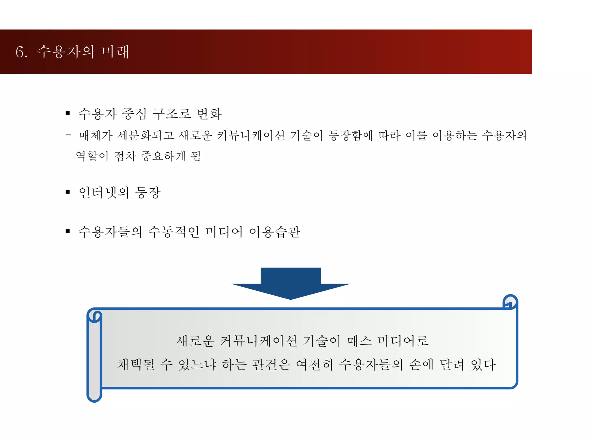 6.  수용자의 미래 수용자 중심 구조로 변화 매체가 세분화되고 새로운 커뮤니케이션 기술이 등장함에 따라 이를 이용하는 수용자의 역할이 점차 중요하게 됨 인터넷의 등장 수용자들의 수동적인 미디어 이용습관 새로운 커뮤니케이션 기술이 매스 미디어로 채택될 수 있느냐 하는 관건은 여전히 수용자들의 손에 달려 있다 