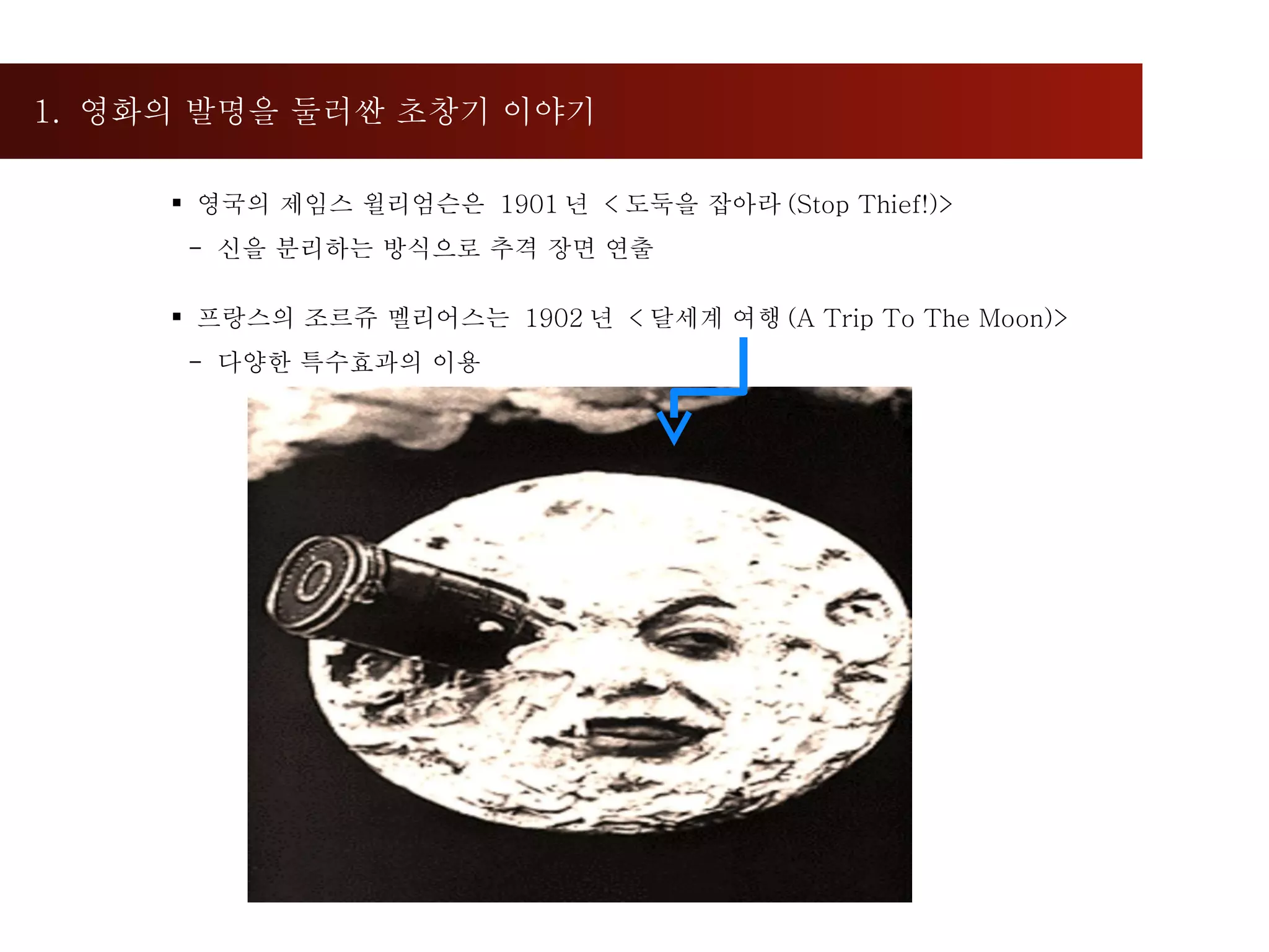 1.  영화의 발명을 둘러싼 초창기 이야기  프랑스의 조르쥬 멜리어스는  1902 년  < 달세계 여행 (A Trip To The Moon)> -  다양한 특수효과의 이용 영국의 제임스 윌리엄슨은  1901 년  < 도둑을 잡아라 (Stop Thief!)> -  신을 분리하는 방식으로 추격 장면 연출 