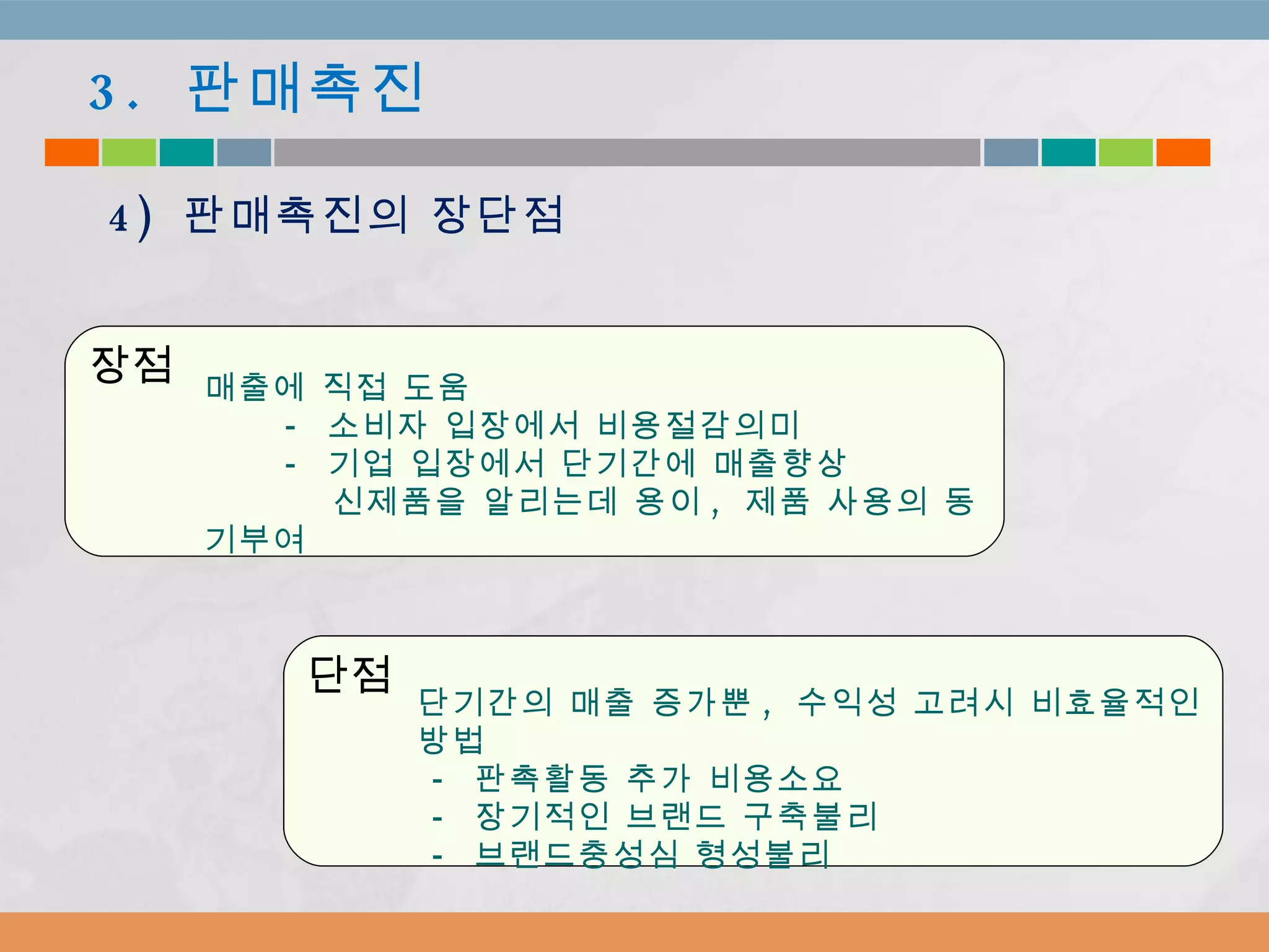3.  판매촉진 4)  판매촉진의 장단점 장점 매출에 직접 도움 -  소비자 입장에서 비용절감의미 -  기업 입장에서 단기간에 매출향상 신제품을 알리는데 용이 ,  제품 사용의 동기부여  단점 단기간의 매출 증가뿐 ,  수익성 고려시 비효율적인 방법 -  판촉활동 추가 비용소요 -  장기적인 브랜드 구축불리  -  브랜드충성심 형성불리  