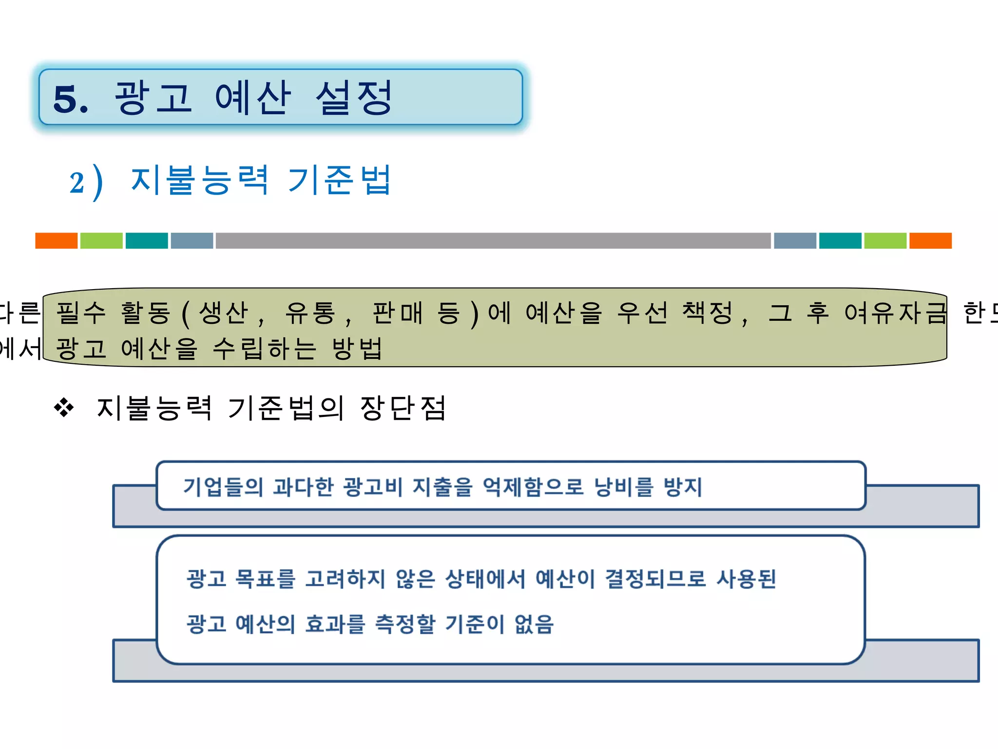 :  다른 필수 활동 ( 생산 ,  유통 ,  판매 등 ) 에 예산을 우선 책정 ,  그 후 여유자금 한도  내에서 광고 예산을 수립하는 방법 2)  지불능력 기준법 지불능력 기준법의 장단점 5.  광고 예산 설정 