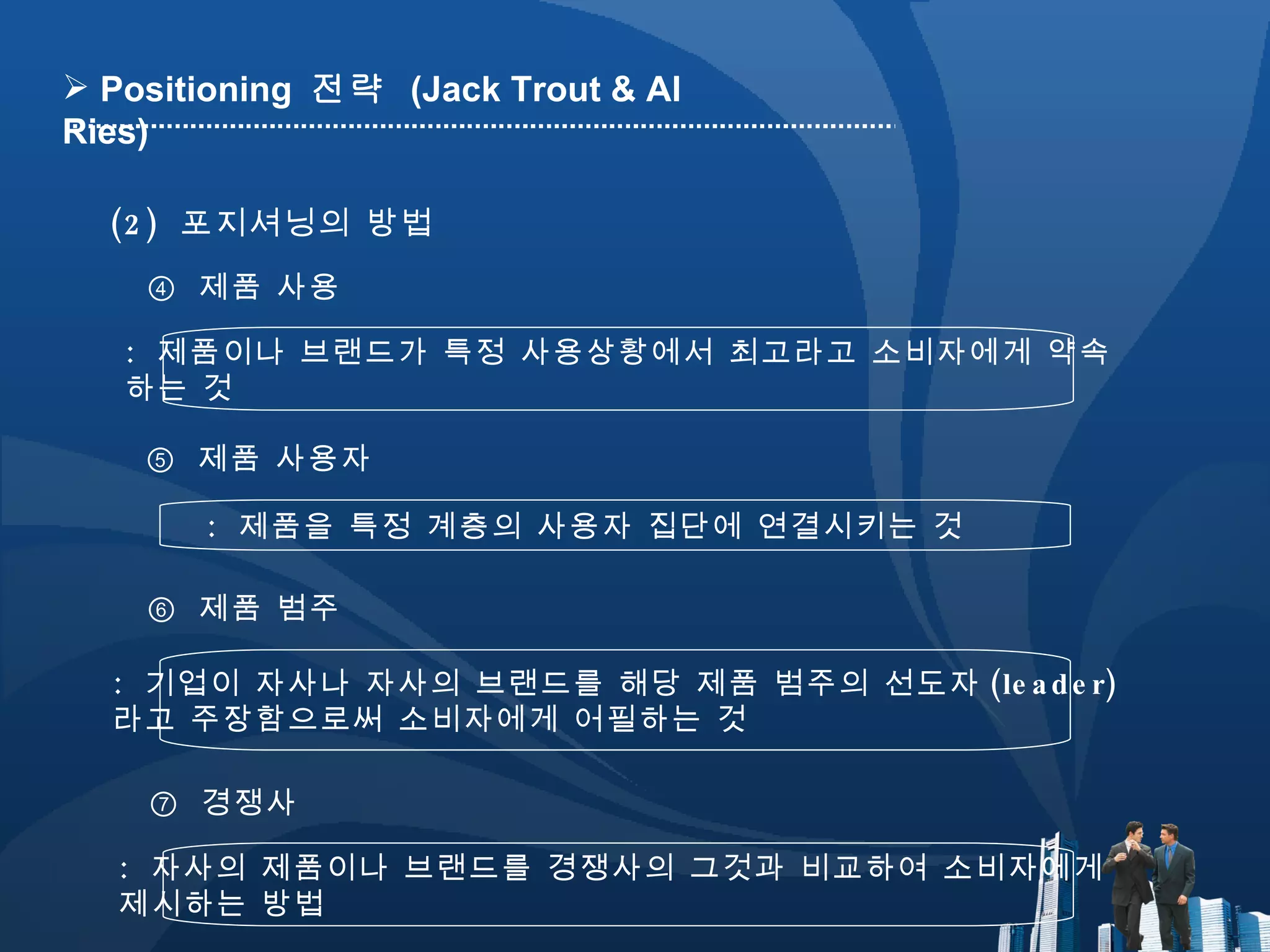 ④  제품 사용 :  제품이나 브랜드가 특정 사용상황에서 최고라고 소비자에게 약속 하는 것 ⑤  제품 사용자 :  제품을 특정 계층의 사용자 집단에 연결시키는 것 ⑥  제품 범주 :  기업이 자사나 자사의 브랜드를 해당 제품 범주의 선도자 (leader) 라고 주장함으로써 소비자에게 어필하는 것 ⑦  경쟁사 :  자사의 제품이나 브랜드를 경쟁사의 그것과 비교하여 소비자에게  제시하는 방법 (2)  포지셔닝의 방법 Positioning  전략  (Jack Trout & Al Ries) 