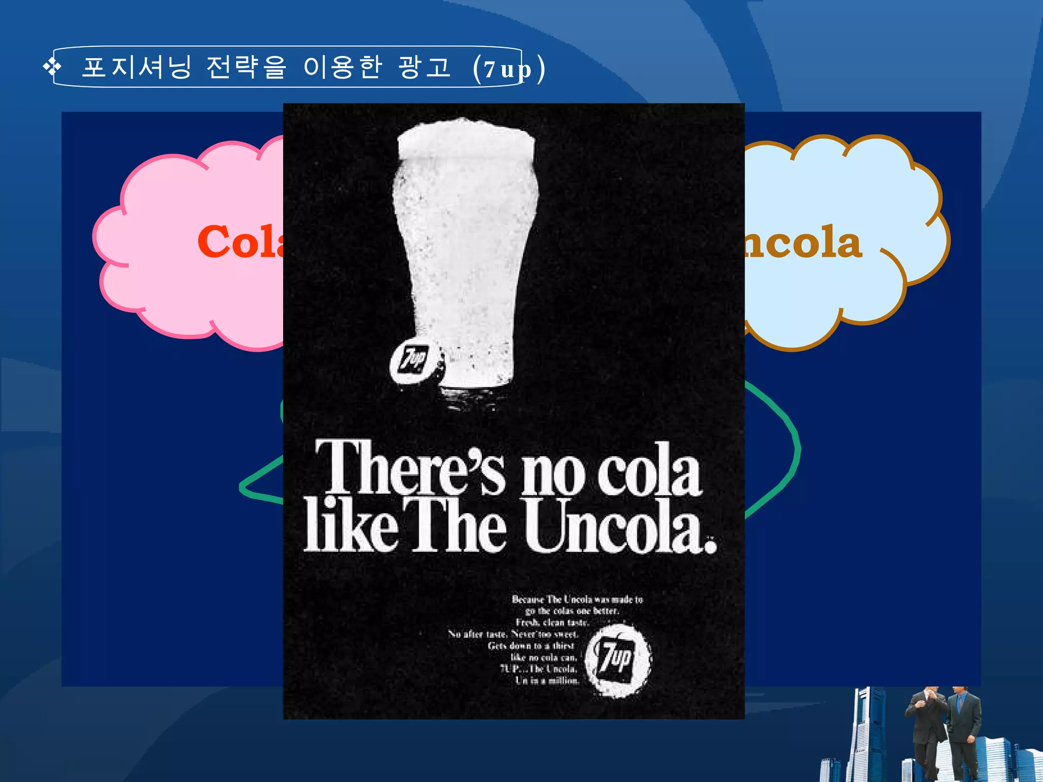 “ 탄산음료 ” Uncola Cola 포지셔닝 전략을 이용한 광고  (7up) “ Cola ” 