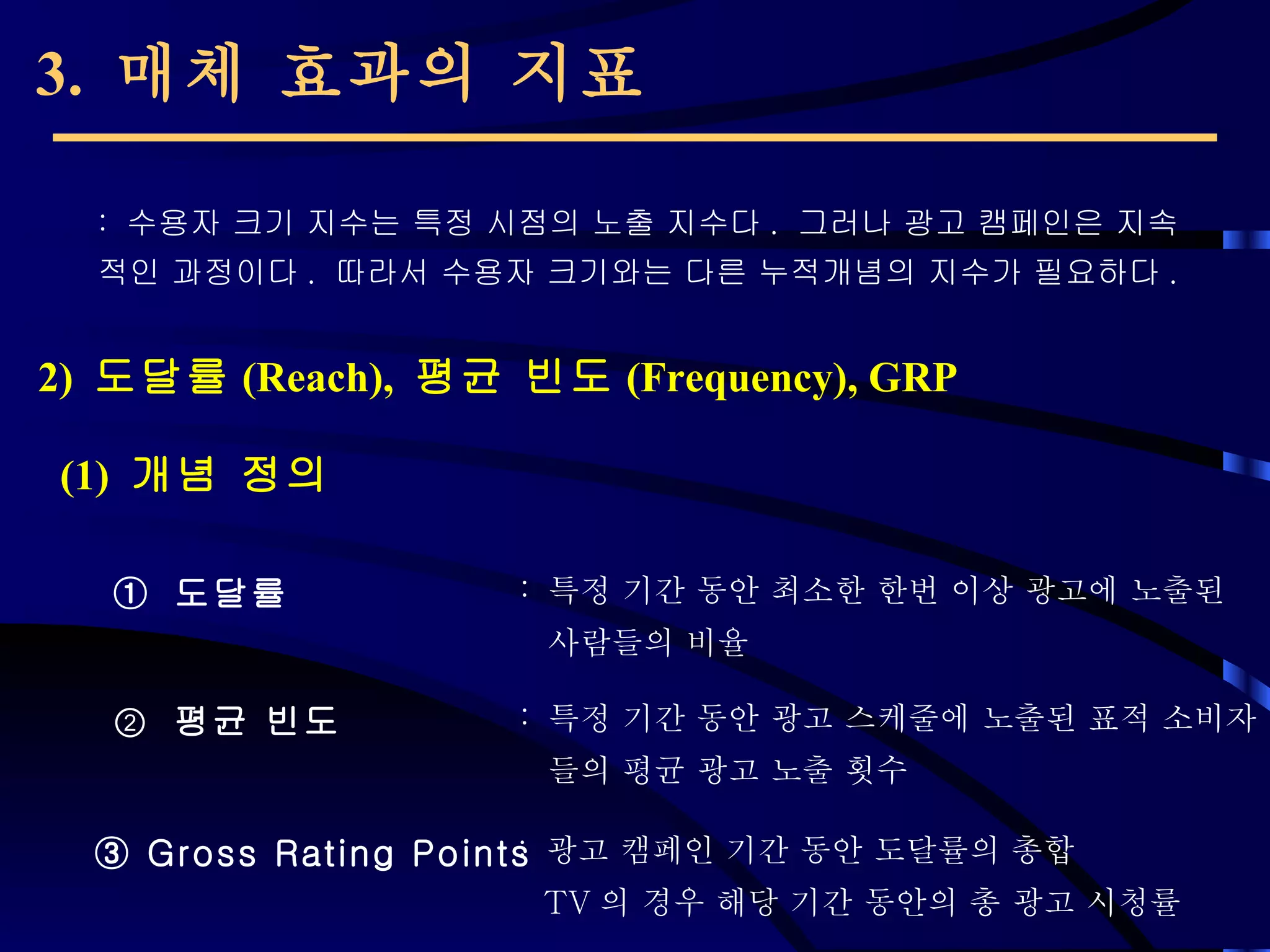 3.  매체 효과의 지표 (1)  개념 정의 :  수용자 크기 지수는 특정 시점의 노출 지수다 .  그러나 광고 캠페인은 지속적인 과정이다 .  따라서 수용자 크기와는 다른 누적개념의 지수가 필요하다 .  2)  도달률 (Reach),  평균 빈도 (Frequency), GRP ①  도달률   특정 기간 동안 최소한 한번 이상 광고에 노출된  사람들의 비율 ②   평균 빈도 특정 기간 동안 광고 스케줄에 노출된 표적 소비자 들의 평균 광고 노출 횟수 ③  Gross Rating Points 광고 캠페인 기간 동안 도달률의 총합 TV 의 경우 해당 기간 동안의 총 광고 시청률 