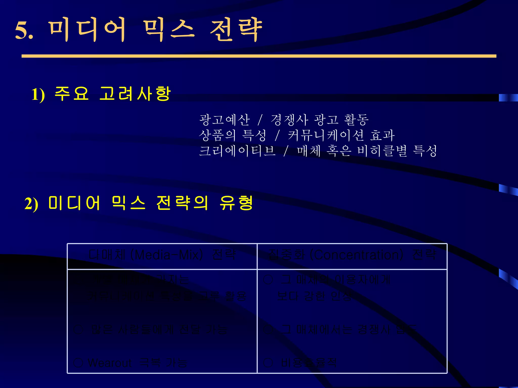 5.  미디어 믹스 전략 광고예산  /  경쟁사 광고 활동 상품의 특성  /  커뮤니케이션 효과 크리에이티브  /  매체 혹은 비히클별 특성 1)  주요 고려사항 2)  미디어 믹스 전략의 유형 다매체 (Media-Mix)  전략 집중화 (Concentration)  전략 ○  개별 매체가 가지는  커뮤니케이션 특성을 고루 활용 ○  많은 사람들에게 전달 가능 ○  Wearout  극복 가능 ○  그 매체의 이용자에게 보다 강한 인상 ○  그 매체에서는 경쟁사 압도 ○  비용효율적 