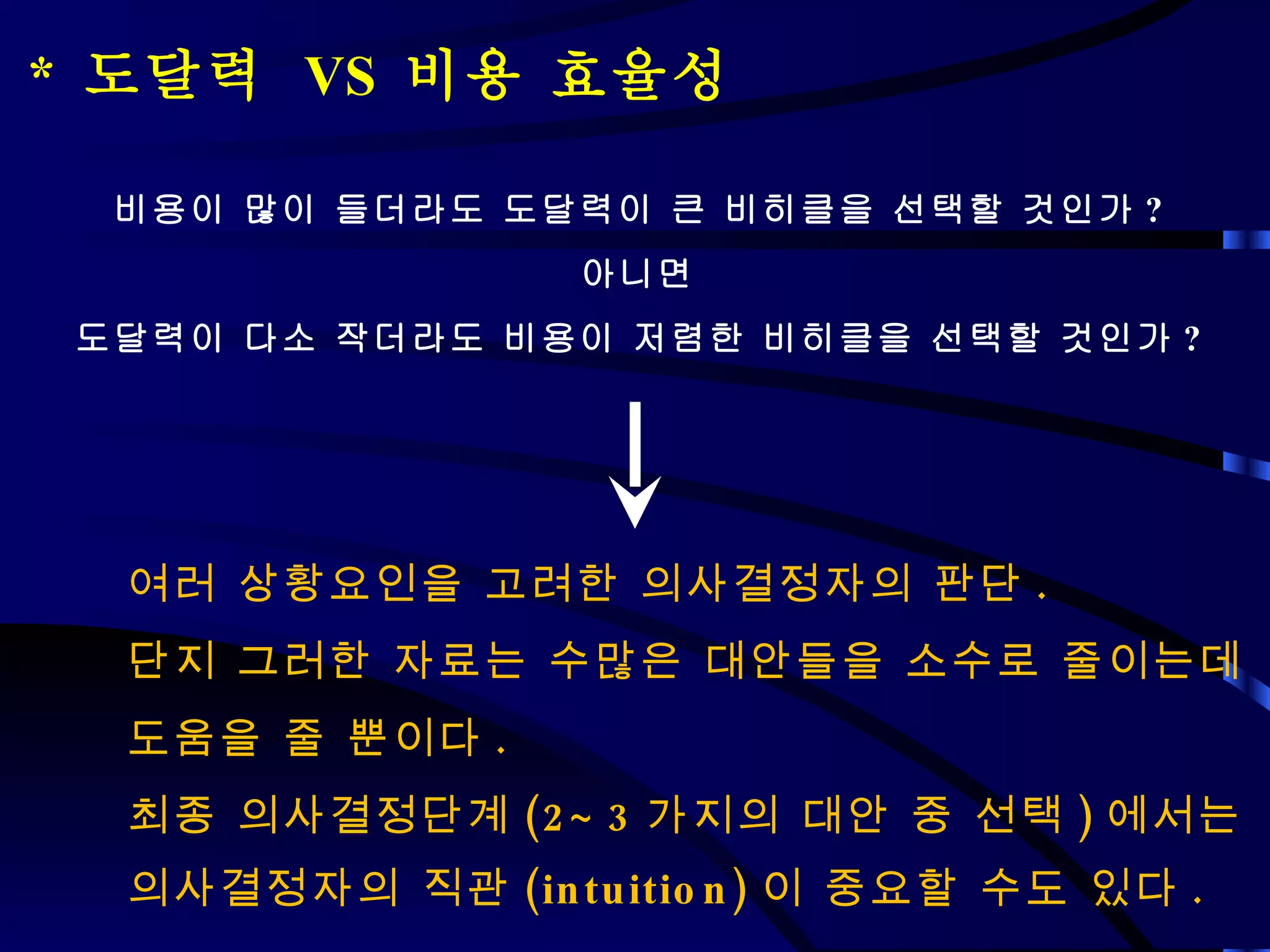 *  도달력  VS  비용 효율성 비용이 많이 들더라도 도달력이 큰 비히클을 선택할 것인가 ? 아니면 도달력이 다소 작더라도 비용이 저렴한 비히클을 선택할 것인가 ? 여러 상황요인을 고려한 의사결정자의 판단 . 단지 그러한 자료는 수많은 대안들을 소수로 줄이는데  도움을 줄 뿐이다 . 최종 의사결정단계 (2~3 가지의 대안 중 선택 ) 에서는  의사결정자의 직관 (intuition) 이 중요할 수도 있다 .   