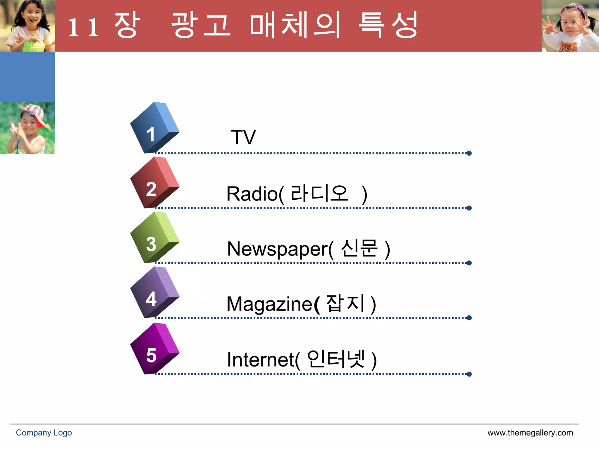 11 장  광고 매체의 특성 www.themegallery.com Company Logo 4 TV 1 2 3 5 Radio( 라디오   ) Newspaper( 신문 ) Magazine ( 잡지 ) Internet( 인터넷 ) 