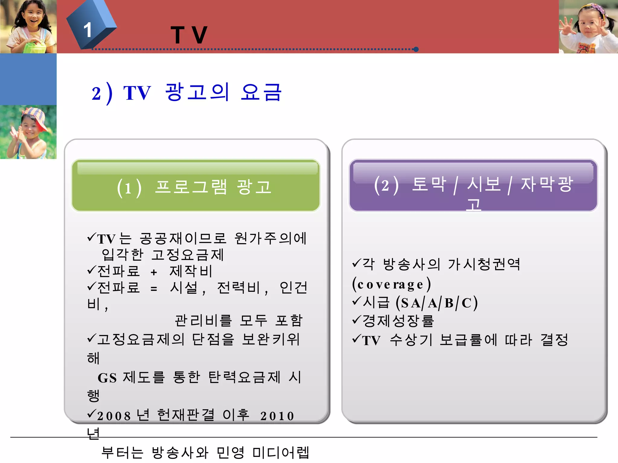 T V 1 2) TV  광고의 요금 (2)  토막 / 시보 / 자막광고 (1)  프로그램 광고 TV 는 공공재이므로 원가주의에  입각한 고정요금제 전파료  +  제작비 전파료  =  시설 ,  전력비 ,  인건비 ,  관리비를 모두 포함  고정요금제의 단점을 보완키위해  GS 제도를 통한 탄력요금제 시행 2008 년 헌재판결 이후  2010 년  부터는 방송사와 민영 미디어렙이  자체적으로 결정한 근거 마련 각 방송사의 가시청권역 (coverage) 시급 (SA/A/B/C)   경제성장률  TV  수상기 보급률에 따라 결정 