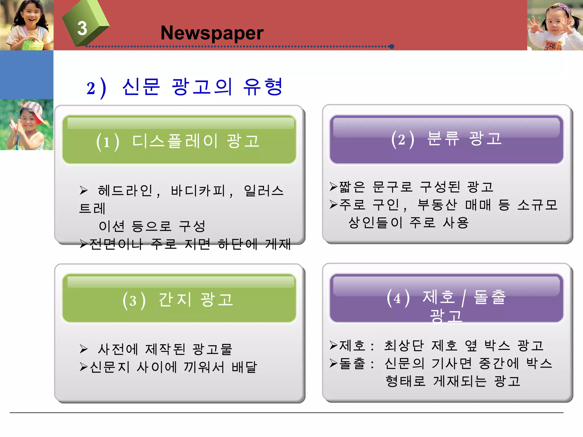 2)  신문 광고의 유형 (2)  분류 광고 (1)  디스플레이 광고 헤드라인 ,  바디카피 ,  일러스트레 이션 등으로 구성  전면이나 주로 지면 하단에 게재  짧은 문구로 구성된 광고 주로 구인 ,  부동산 매매 등 소규모  상인들이 주로 사용 3 Newspaper (4)  제호 / 돌출 광고 (3)  간지 광고 사전에 제작된 광고물 신문지 사이에 끼워서 배달 제호 :  최상단 제호 옆 박스 광고 돌출 :  신문의 기사면 중간에 박스  형태로 게재되는 광고 