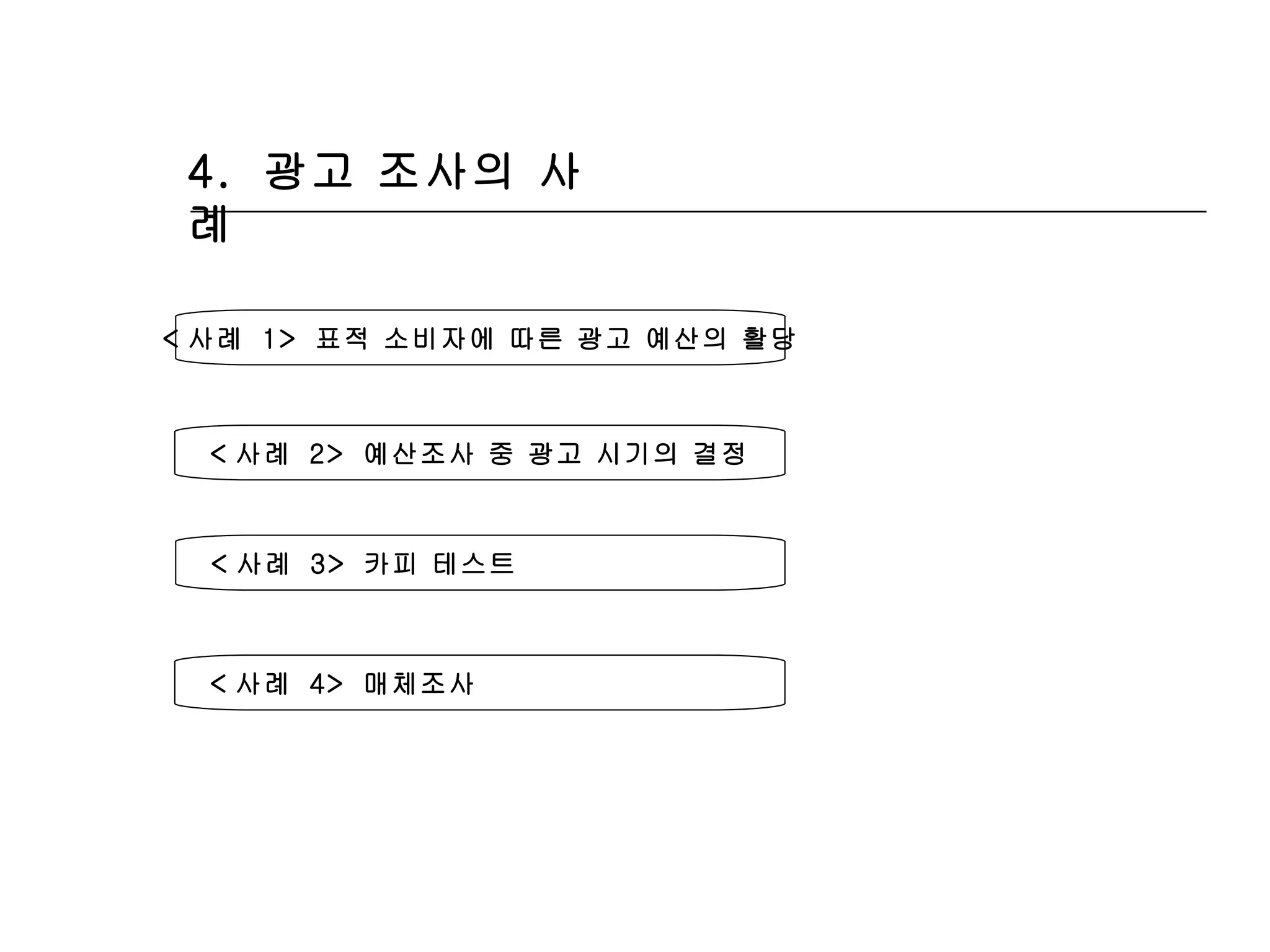 4.  광고 조사의 사례 < 사례  1>  표적 소비자에 따른 광고 예산의 활당 < 사례  2>  예산조사 중 광고 시기의 결정 < 사례  3>  카피 테스트 < 사례  4>  매체조사  