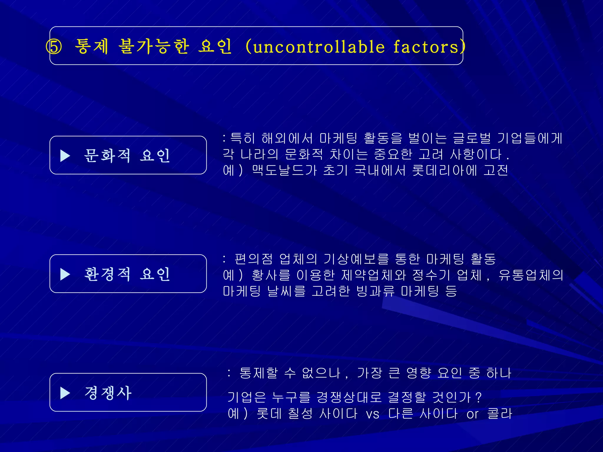⑤  통제 불가능한 요인  (uncontrollable factors) ▶  문화적 요인 : 특히 해외에서 마케팅 활동을 벌이는 글로벌 기업들에게 각 나라의 문화적 차이는 중요한 고려 사항이다 .  예 )  맥도날드가 초기 국내에서 롯데리아에 고전 ▶  환경적 요인 :  편의점 업체의 기상예보를 통한 마케팅 활동  예 )  황사를 이용한 제약업체와 정수기 업체 ,  유통업체의 마케팅 날씨를 고려한 빙과류 마케팅 등 ▶  경쟁사 :  통제할 수 없으나 ,  가장 큰 영향 요인 중 하나  기업은 누구를 경쟁상대로 결정할 것인가 ?  예 )  롯데 칠성 사이다  vs  다른 사이다  or  콜라  
