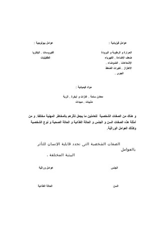 ‫عوامل بيولوجية :‬                                               ‫عوامل فيزيائية :‬

  ‫الفيروسات . البكتريا‬                                    ‫الحرارة و الرطوبة و البرودة‬
         ‫الطفيليات‬                                             ‫ضعف الضاءة . الكهرباء‬
                                                               ‫الشعاعات . الضوضاء .‬
                                                               ‫الهتزاز . تغيرات الضغط‬
                                                                       ‫الجوى .‬



                                     ‫مواد كيميائية :‬

                          ‫معادن سامة . غازات و أبخرة . أتربة‬
                                     ‫مذيبات . مبيدات‬



‫و هناك من الصفات الشخصية للعاملين ما يجعل تأثرهم بالمخاطر المهنية مختلفا. و من‬
 ‫أمثلة هذه الصفات السن و الجنس و الحالة الغذائية و الحالة الصحية و نوع الشخصية‬
                                                                ‫وكذلك العوامل الوراثية.‬



      ‫الصفات الشخصية التى تحدد قابلية النسان للتأثر‬
                                                                             ‫بالعوامل‬
                ‫البيئية المختلفة .‬


        ‫عوامل وراثية‬                                               ‫الجنس‬




       ‫الحالة الغذائية‬                                                ‫السن‬
 