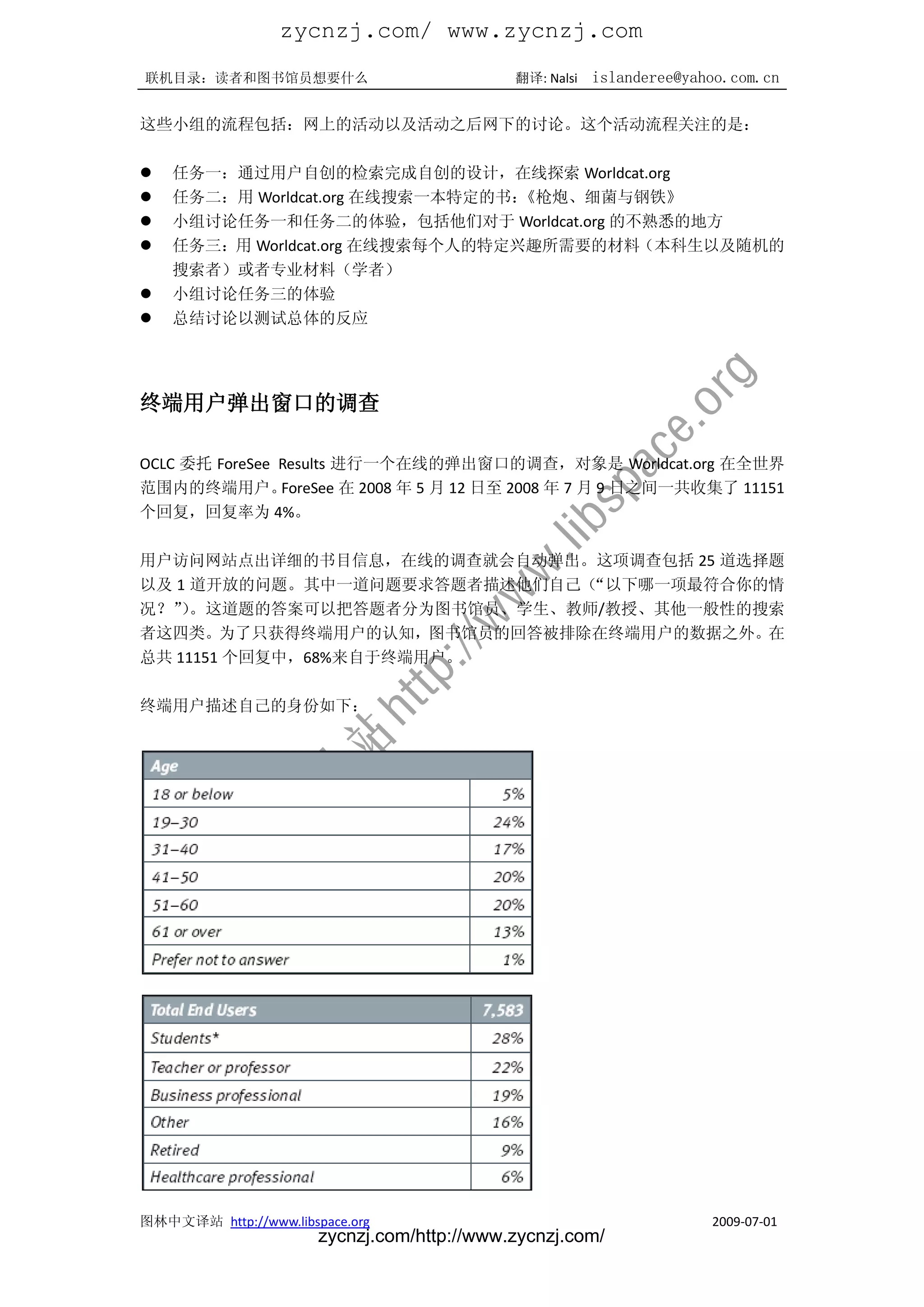 zycnzj.com/ www.zycnzj.com
联机目录：读者和图书馆员想要什么                             翻译: Nalsi   islanderee@yahoo.com.cn

这些小组的流程包括：网上的活动以及活动之后网下的讨论。这个活动流程关注的是：

   任务一：通过用户自创的检索完成自创的设计，在线探索 Worldcat.org
   任务二：用 Worldcat.org 在线搜索一本特定的书：《枪炮、细菌与钢铁》
   小组讨论任务一和任务二的体验，包括他们对于 Worldcat.org 的不熟悉的地方
   任务三：用 Worldcat.org 在线搜索每个人的特定兴趣所需要的材料（本科生以及随机的
    搜索者）或者专业材料（学者）
   小组讨论任务三的体验
   总结讨论以测试总体的反应




终端用户弹出窗口的调查

OCLC 委托 ForeSee Results 进行一个在线的弹出窗口的调查，对象是 Worldcat.org 在全世界
范围内的终端用户。       ForeSee 在 2008 年 5 月 12 日至 2008 年 7 月 9 日之间一共收集了 11151
个回复，回复率为 4%。

用户访问网站点出详细的书目信息，在线的调查就会自动弹出。这项调查包括 25 道选择题
以及 1 道开放的问题。其中一道问题要求答题者描述他们自己（“以下哪一项最符合你的情
况？”。这道题的答案可以把答题者分为图书馆员、学生、教师/教授、其他一般性的搜索
    ）
者这四类。为了只获得终端用户的认知，图书馆员的回答被排除在终端用户的数据之外。在
总共 11151 个回复中，68%来自于终端用户。

终端用户描述自己的身份如下：




图林中文译站 http://www.libspace.org                                         2009-07-01
                       zycnzj.com/http://www.zycnzj.com/
 