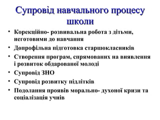 Супровід навчального процесу школи Корекційно- розвивальна робота з дітьми, неготовими до навчання Допрофільна підготовка старшокласників Створення програм, спрямованих на виявлення і розвиток обдарованої молоді Супровід ЗНО Супровід розвитку підлітків Подолання проявів морально- духоної кризи та соціалізація учнів 