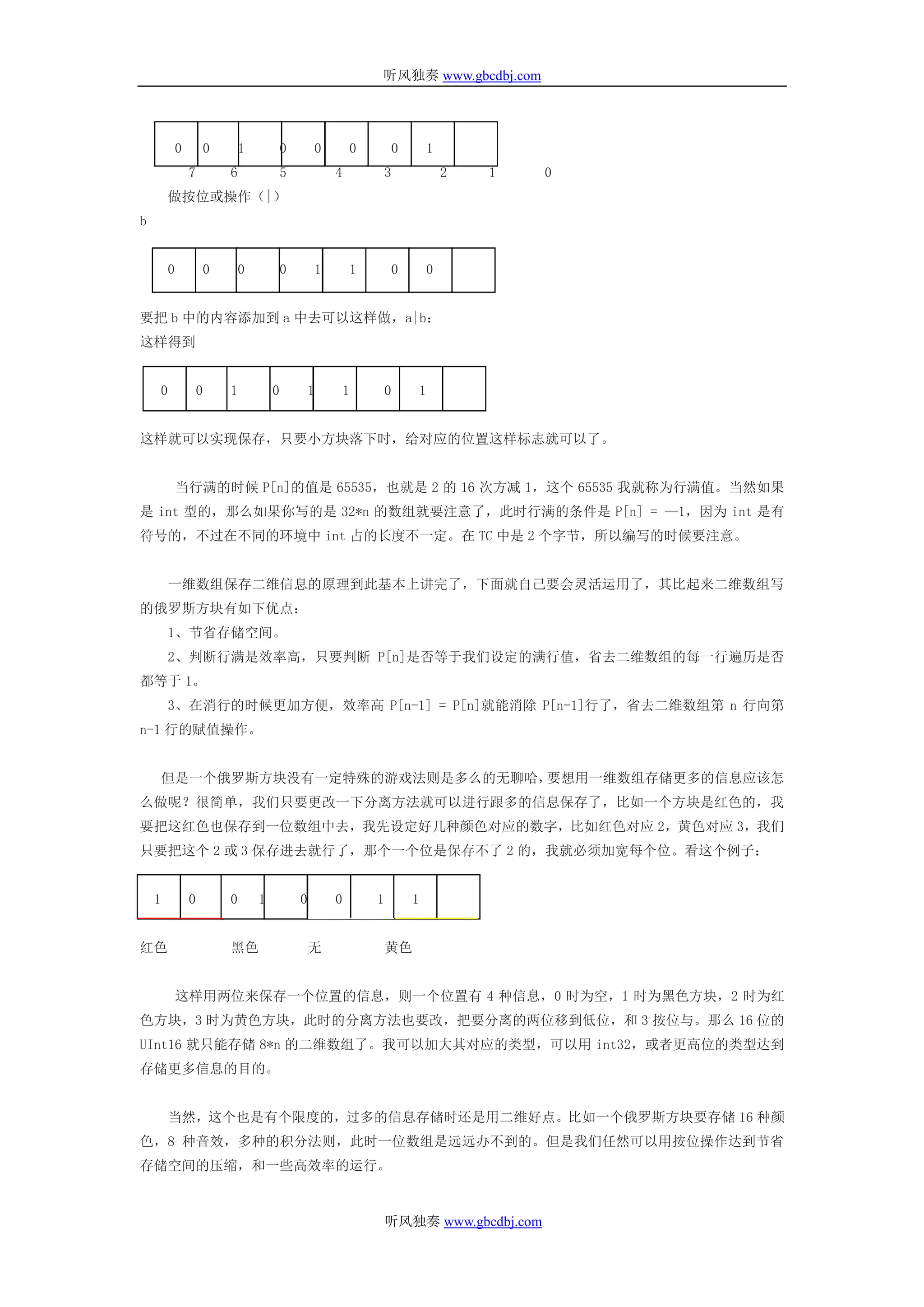 听风独奏 www.gbcdbj.com




            0       0       1           0       0       0       0        1
                7       6               5           4           3            2   1    0
        做按位或操作（|）
b


        0           0       0           0       1       1       0        0


要把 b 中的内容添加到 a 中去可以这样做，a|b：
这样得到


    0               0   1           0           1       1       0    1


这样就可以实现保存，只要小方块落下时，给对应的位置这样标志就可以了。


            当行满的时候 P[n]的值是 65535，也就是 2 的 16 次方减 1，这个 65535 我就称为行满值。当然如果
是 int 型的，那么如果你写的是 32*n 的数组就要注意了，此时行满的条件是 P[n] = —1，因为 int 是有
符号的，不过在不同的环境中 int 占的长度不一定。在 TC 中是 2 个字节，所以编写的时候要注意。


        一维数组保存二维信息的原理到此基本上讲完了，下面就自己要会灵活运用了，其比起来二维数组写
的俄罗斯方块有如下优点：
        1、节省存储空间。
        2、判断行满是效率高，只要判断 P[n]是否等于我们设定的满行值，省去二维数组的每一行遍历是否
都等于 1。
        3、在消行的时候更加方便，效率高 P[n-1] = P[n]就能消除 P[n-1]行了，省去二维数组第 n 行向第
n-1 行的赋值操作。


        但是一个俄罗斯方块没有一定特殊的游戏法则是多么的无聊哈，要想用一维数组存储更多的信息应该怎
么做呢？很简单，我们只要更改一下分离方法就可以进行跟多的信息保存了，比如一个方块是红色的，我
要把这红色也保存到一位数组中去，我先设定好几种颜色对应的数字，比如红色对应 2，黄色对应 3，我们
只要把这个 2 或 3 保存进去就行了，那个一个位是保存不了 2 的，我就必须加宽每个位。看这个例子：


    1           0       0       1           0       0       1       1


红色                      黑色                      无               黄色


            这样用两位来保存一个位置的信息，则一个位置有 4 种信息，0 时为空，1 时为黑色方块，2 时为红
色方块，3 时为黄色方块，此时的分离方法也要改，把要分离的两位移到低位，和 3 按位与。那么 16 位的
UInt16 就只能存储 8*n 的二维数组了。我可以加大其对应的类型，可以用 int32，或者更高位的类型达到
存储更多信息的目的。


        当然，这个也是有个限度的，过多的信息存储时还是用二维好点。比如一个俄罗斯方块要存储 16 种颜
色，8 种音效，多种的积分法则，此时一位数组是远远办不到的。但是我们任然可以用按位操作达到节省
存储空间的压缩，和一些高效率的运行。


                                                                听风独奏 www.gbcdbj.com
 