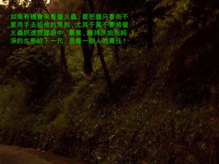 如果有機會來看螢火蟲 , 要把握只看而不要用手去抓他的原則 , 尤其千萬不要將螢火蟲抓進塑膠袋中 , 畢竟 , 維持原始而純淨的生態給下一代 , 是每一個人的責任 ! 