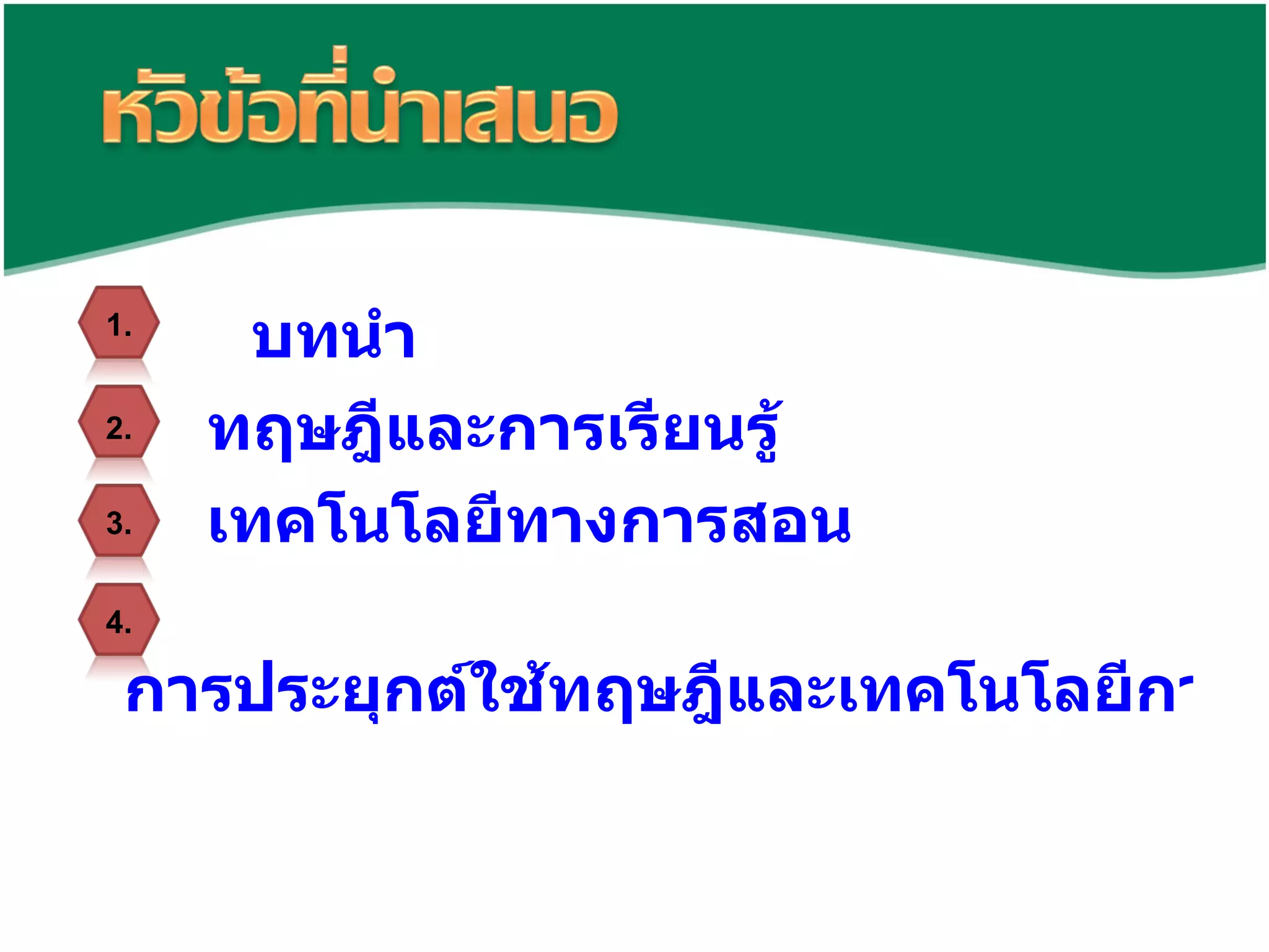บทนำ ทฤษฎีและการเรียนรู้  เทคโนโลยีทางการสอน   การประยุกต์ใช้ทฤษฎีและเทคโนโลยีการสอน 1. 2. 3. 4. 