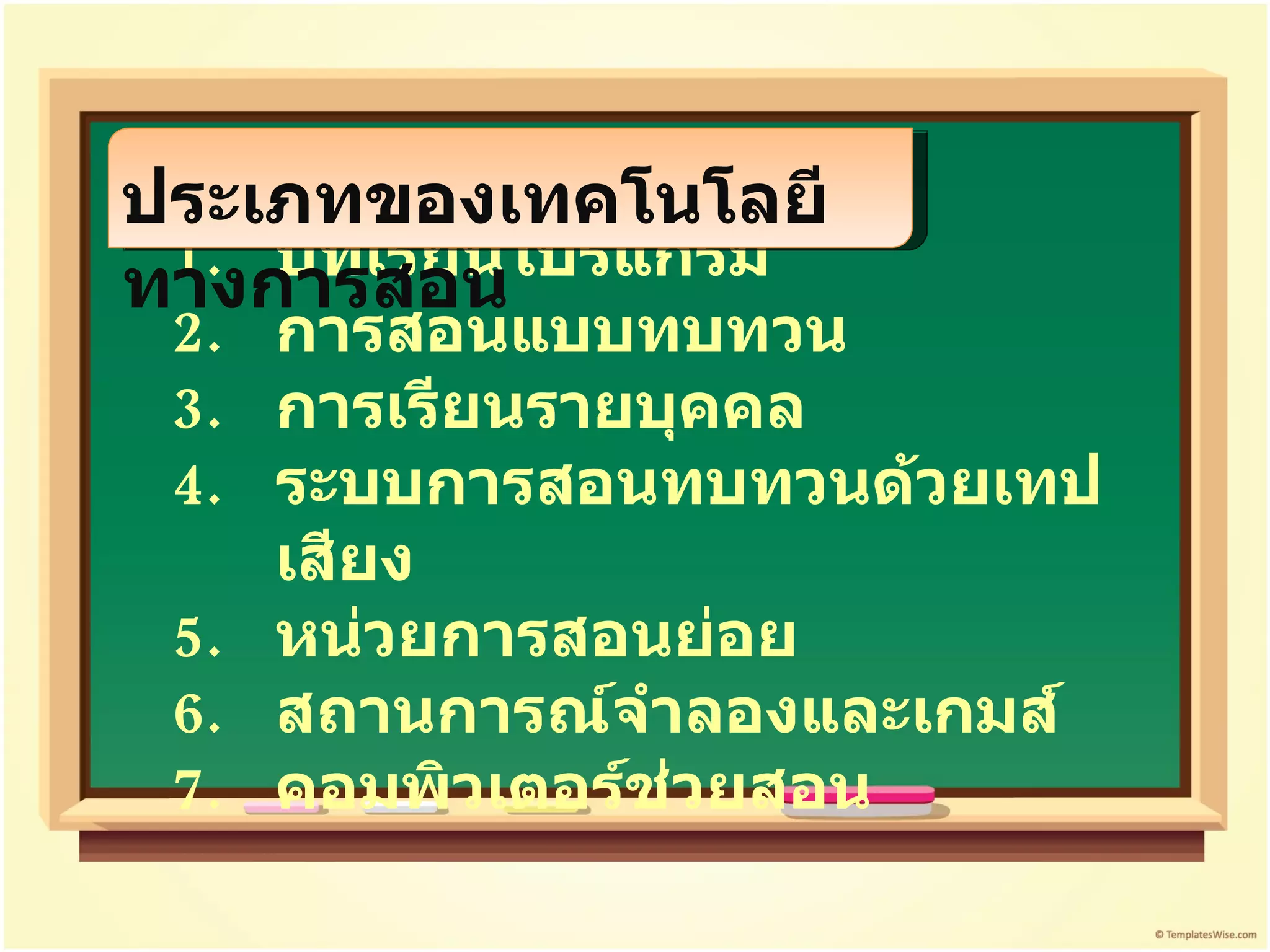 บทเรียนโปรแกรม การสอนแบบทบทวน การเรียนรายบุคคล ระบบการสอนทบทวนด้วยเทปเสียง หน่วยการสอนย่อย สถานการณ์จำลองและเกมส์ คอมพิวเตอร์ช่วยสอน ประเภทของเทคโนโลยีทางการสอน 