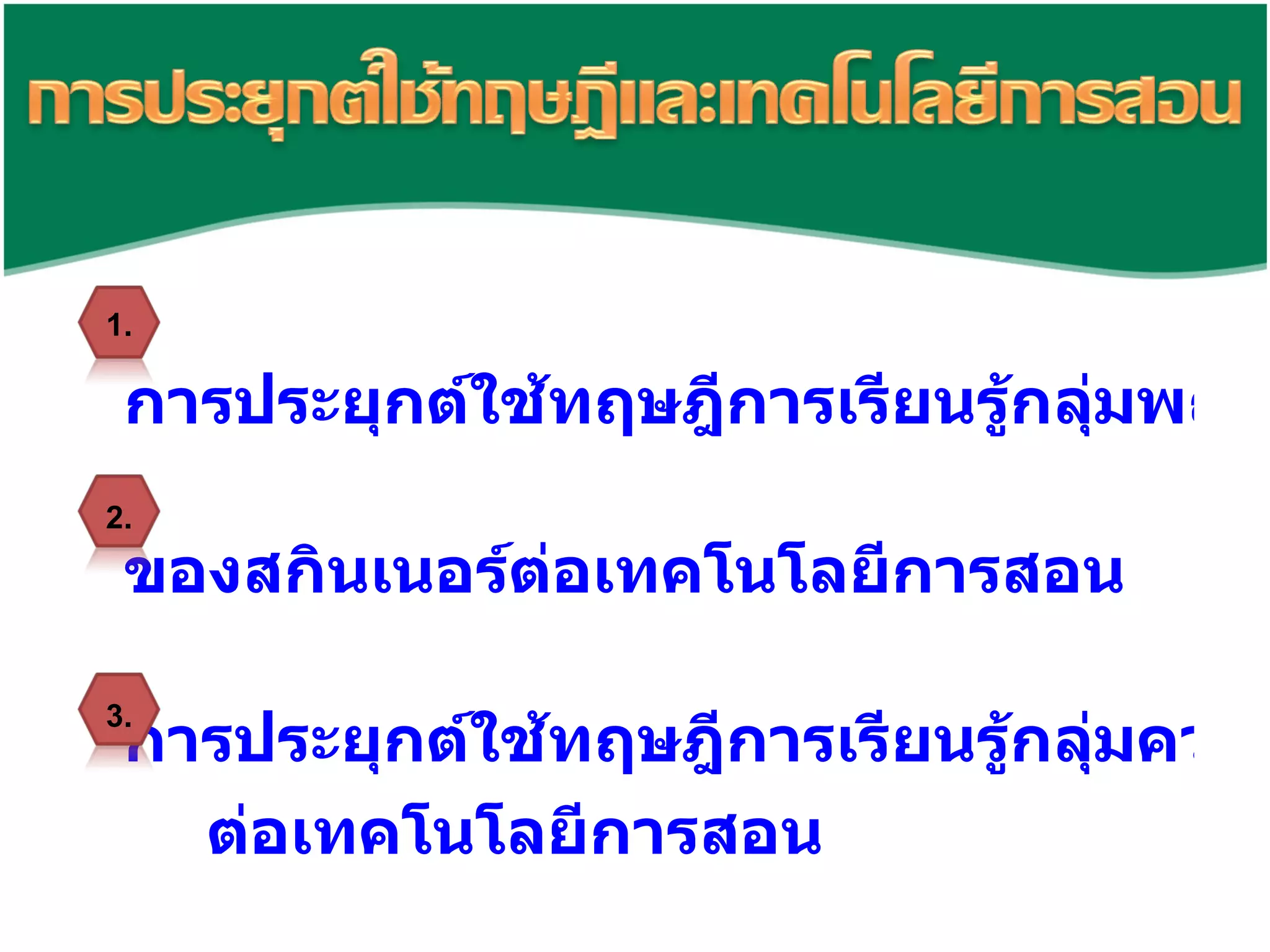 การประยุกต์ใช้ทฤษฎีการเรียนรู้กลุ่มพฤติกรรม ของสกินเนอร์ต่อเทคโนโลยีการสอน   การประยุกต์ใช้ทฤษฎีการเรียนรู้กลุ่มความรู้ของกาเย่ ต่อเทคโนโลยีการสอน การใช้ประยุกใช้เทคโนโลยีการสอนด้วยคอมพิวเตอร์ ช่วยสอน 1. 2. 3. 