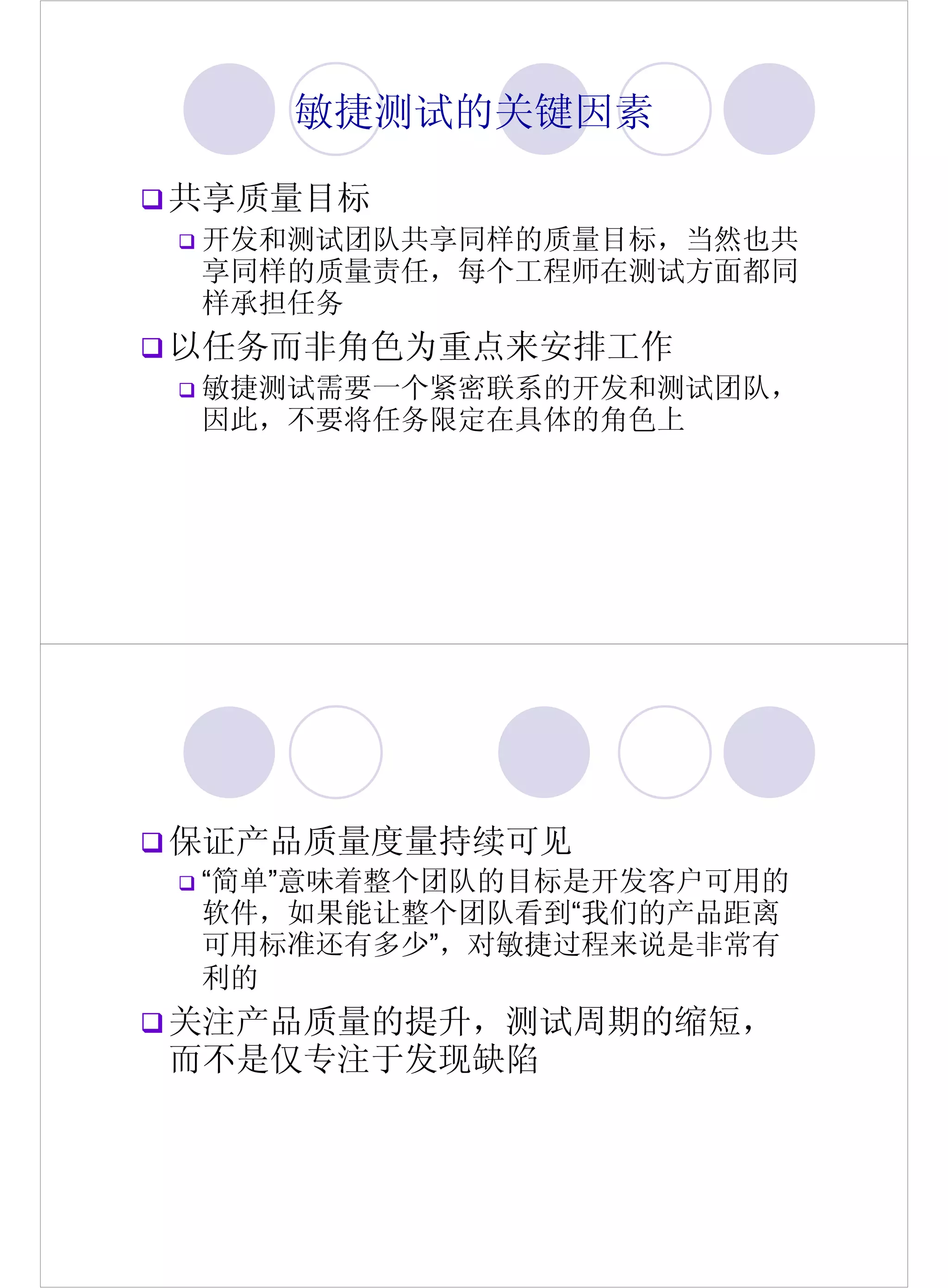 敏捷测试的关键因素

共享质量目标
开发和测试团队共享同样的质量目标，当然也共
享同样的质量责任，每个工程师在测试方面都同
样承担任务
以任务而非角色为重点来安排工作
敏捷测试需要一个紧密联系的开发和测试团队，
因此，不要将任务限定在具体的角色上




保证产品质量度量持续可见
“简单”意味着整个团队的目标是开发客户可用的
软件，如果能让整个团队看到“我们的产品距离
可用标准还有多少”，对敏捷过程来说是非常有
利的
关注产品质量的提升，测试周期的缩短，
而不是仅专注于发现缺陷
 