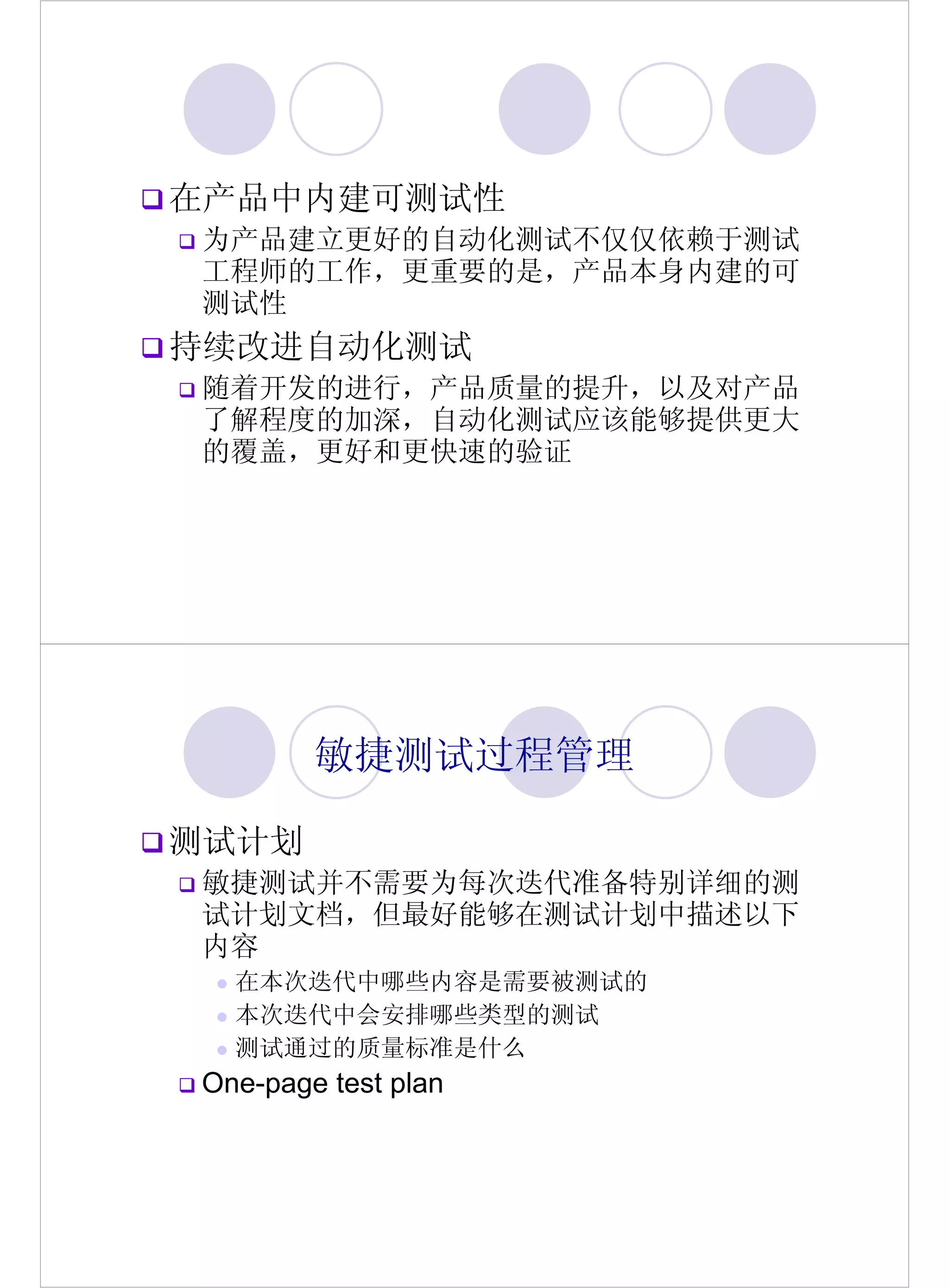 在产品中内建可测试性
为产品建立更好的自动化测试不仅仅依赖于测试
工程师的工作，更重要的是，产品本身内建的可
测试性
持续改进自动化测试
随着开发的进行，产品质量的提升，以及对产品
了解程度的加深，自动化测试应该能够提供更大
的覆盖，更好和更快速的验证




        敏捷测试过程管理

测试计划
敏捷测试并不需要为每次迭代准备特别详细的测
试计划文档，但最好能够在测试计划中描述以下
内容
  在本次迭代中哪些内容是需要被测试的
  本次迭代中会安排哪些类型的测试
  测试通过的质量标准是什么
One-page test plan
 
