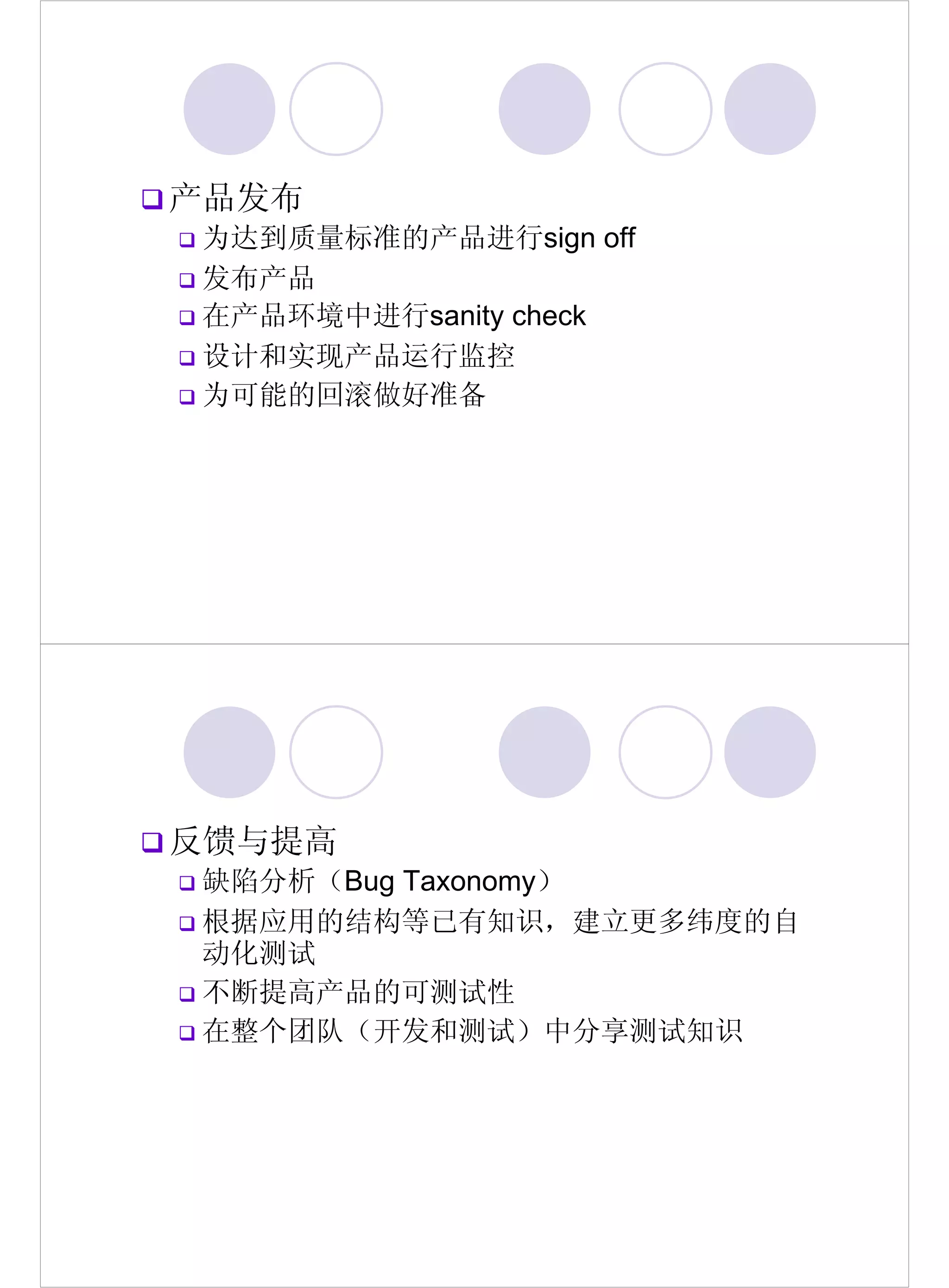 产品发布
为达到质量标准的产品进行sign off
发布产品
在产品环境中进行sanity check
设计和实现产品运行监控
为可能的回滚做好准备




反馈与提高
缺陷分析（Bug Taxonomy）
根据应用的结构等已有知识，建立更多纬度的自
动化测试
不断提高产品的可测试性
在整个团队（开发和测试）中分享测试知识
 