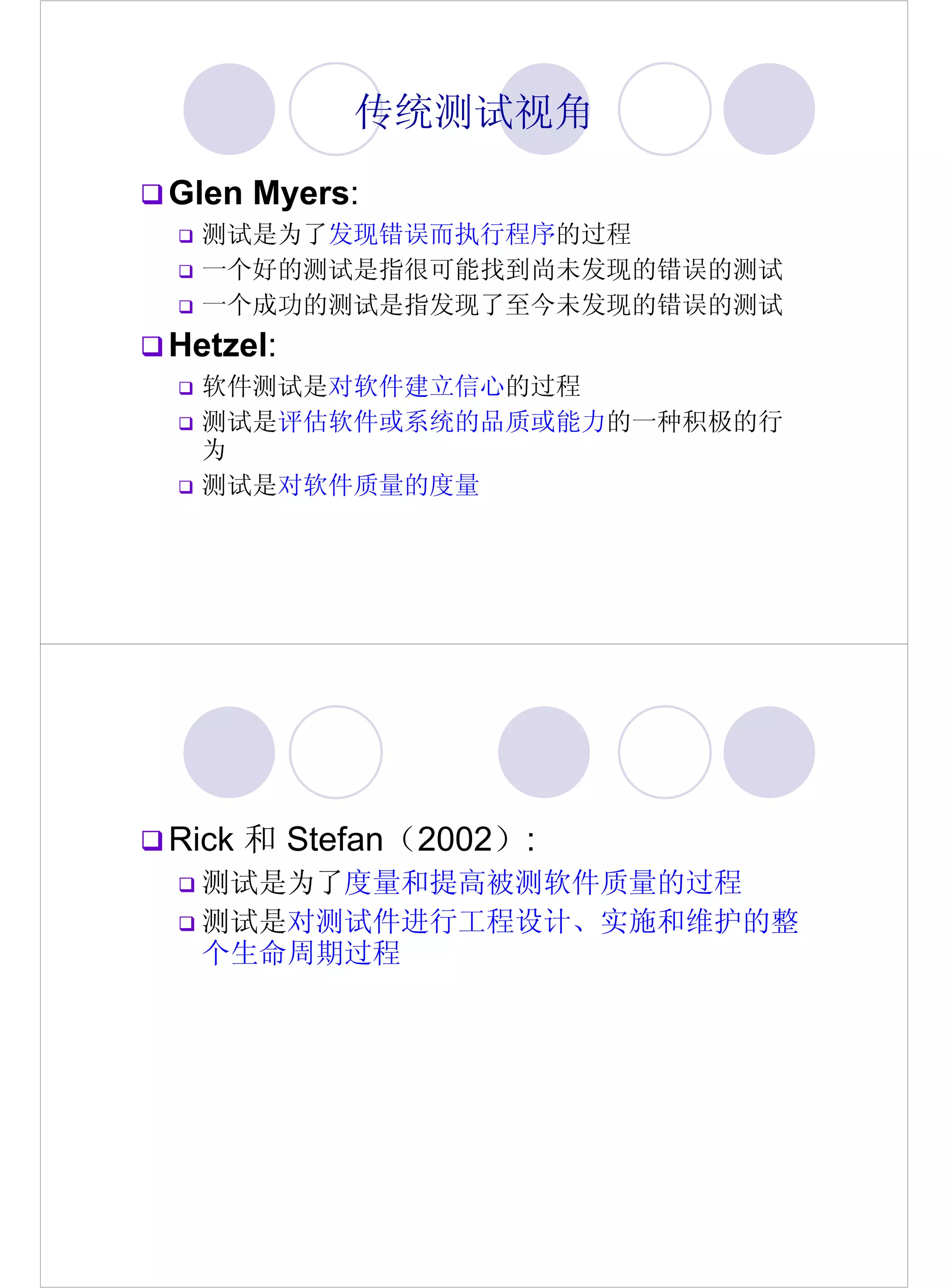 传统测试视角
Glen Myers:
  测试是为了发现错误而执行程序的过程
  一个好的测试是指很可能找到尚未发现的错误的测试
  一个成功的测试是指发现了至今未发现的错误的测试
Hetzel:
  软件测试是对软件建立信心的过程
  测试是评估软件或系统的品质或能力的一种积极的行
  为
  测试是对软件质量的度量




Rick 和 Stefan（2002）:
  测试是为了度量和提高被测软件质量的过程
  测试是对测试件进行工程设计、实施和维护的整
  个生命周期过程
 