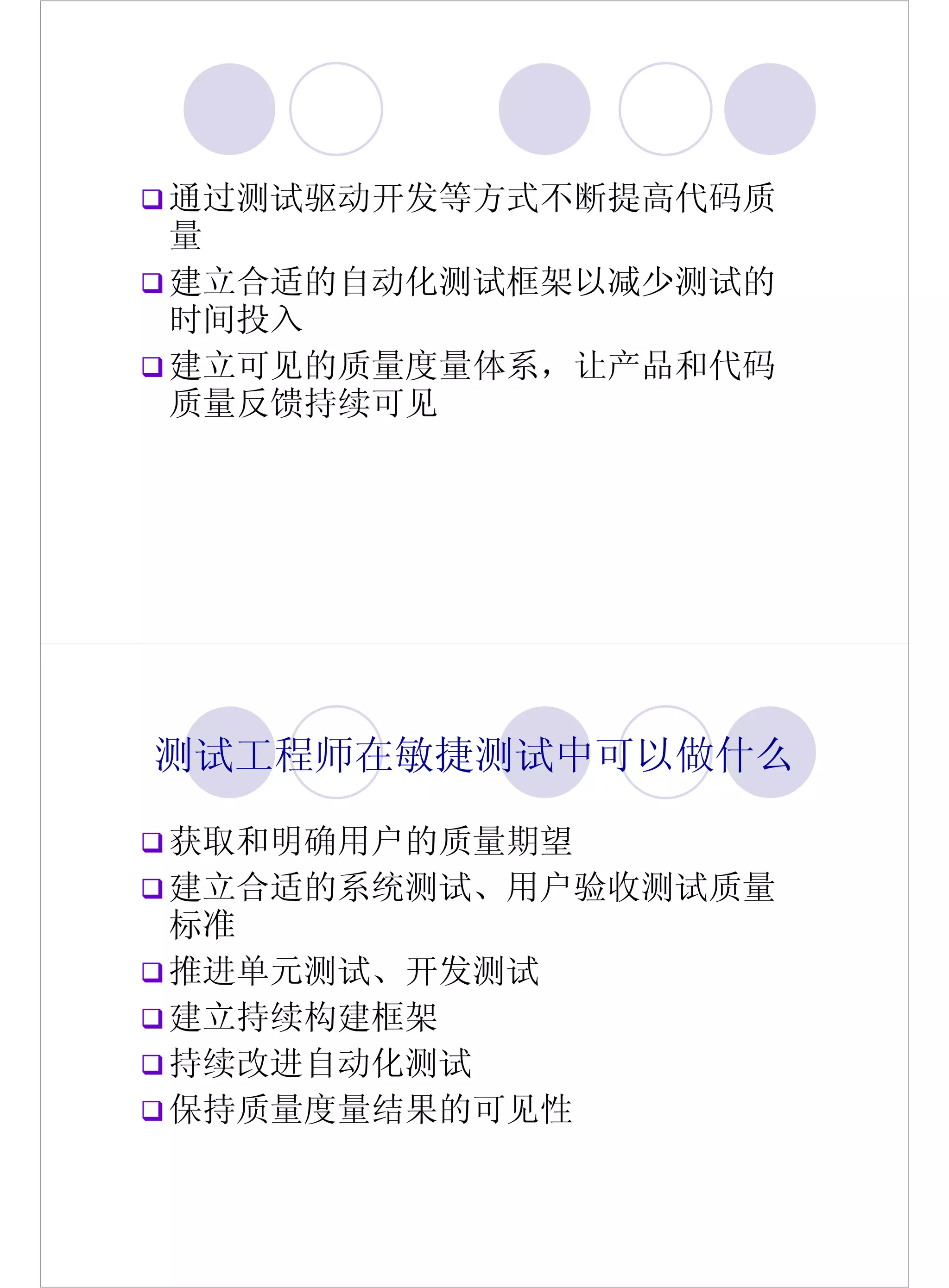 通过测试驱动开发等方式不断提高代码质
量
建立合适的自动化测试框架以减少测试的
时间投入
建立可见的质量度量体系，让产品和代码
质量反馈持续可见




测试工程师在敏捷测试中可以做什么

获取和明确用户的质量期望
建立合适的系统测试、用户验收测试质量
标准
推进单元测试、开发测试
建立持续构建框架
持续改进自动化测试
保持质量度量结果的可见性
 