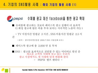 새로운 고객의 시대에 살고 있는 우리가 광고 시장에서도 새 시대에 맞게 변화해 한다   -  PEPSI  랠프 샌타나  - ■  슈퍼볼에 광고하는 것보다 페이스북 광고 집행이 더 효과적 (1 회성 광고에 많은 비용 투자 보다는 지속적인 노출이 가능 ) - TV 시청시간 일평균  3 시간 , SNS 이용시간 일평균  2.5 시간 ( 출처  :  한국인터넷진흥원  2009.7 SNS  이용실태 조사 )   ■  페이스북 광고에 총  2,000 만  $  투자 ■  SNS :  광고를 효과적으로 전달할 수 있는 미디어로 발전 중 