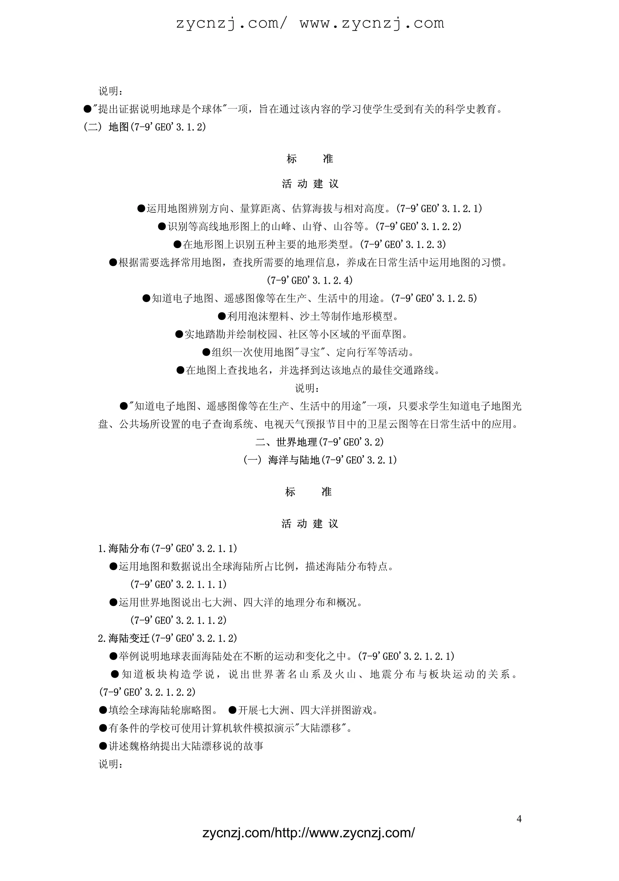 zycnzj.com/ www.zycnzj.com


  说明：
●"提出证据说明地球是个球体"一项，旨在通过该内容的学习使学生受到有关的科学史教育。
(二) 地图(7-9'GEO'3.1.2)


                                     标      准

                                    活 动 建 议

         ●运用地图辨别方向、量算距离、估算海拔与相对高度。(7-9'GEO'3.1.2.1)
             ●识别等高线地形图上的山峰、山脊、山谷等。(7-9'GEO'3.1.2.2)
                ●在地形图上识别五种主要的地形类型。(7-9'GEO'3.1.2.3)
    ●根据需要选择常用地图，查找所需要的地理信息，养成在日常生活中运用地图的习惯。
                                 (7-9'GEO'3.1.2.4)
          ●知道电子地图、遥感图像等在生产、生活中的用途。(7-9'GEO'3.1.2.5)
                          ●利用泡沫塑料、沙土等制作地形模型。
                ●实地踏勘并绘制校园、社区等小区域的平面草图。 字串 7
                        ●组织一次使用地图"寻宝"、定向行军等活动。
                ●在地图上查找地名，并选择到达该地点的最佳交通路线。
                                      说明：
      ●"知道电子地图、遥感图像等在生产、生活中的用途"一项，只要求学生知道电子地图光
  盘、公共场所设置的电子查询系统、电视天气预报节目中的卫星云图等在日常生活中的应用。
                                二、世界地理(7-9'GEO'3.2)
                              (一) 海洋与陆地(7-9'GEO'3.2.1)


                                    标      准


                                    活 动 建 议

  1.海陆分布(7-9'GEO'3.2.1.1)
    ●运用地图和数据说出全球海陆所占比例，描述海陆分布特点。
        (7-9'GEO'3.2.1.1.1)
    ●运用世界地图说出七大洲、四大洋的地理分布和概况。
        (7-9'GEO'3.2.1.1.2)
  2.海陆变迁(7-9'GEO'3.2.1.2)
    ●举例说明地球表面海陆处在不断的运动和变化之中。(7-9'GEO'3.2.1.2.1)
    ●知道板块构造学说，说出世界著名山系及火山、地震分布与板块运动的关系。
  (7-9'GEO'3.2.1.2.2)
  ●填绘全球海陆轮廓略图。 ●开展七大洲、四大洋拼图游戏。 字串 3
  ●有条件的学校可使用计算机软件模拟演示"大陆漂移"。
  ●讲述魏格纳提出大陆漂移说的故事
  说明：




                                                            4
                        zycnzj.com/http://www.zycnzj.com/
 