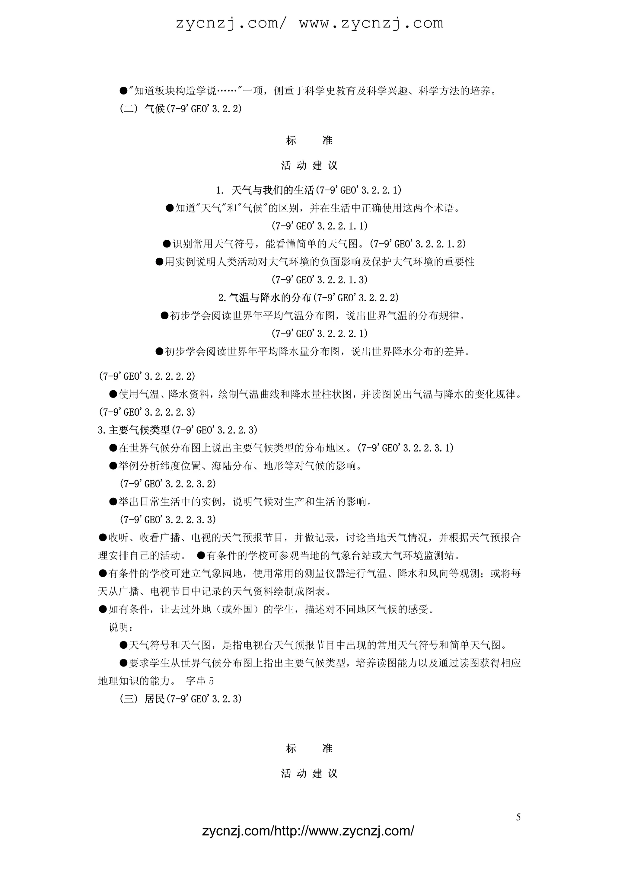 zycnzj.com/ www.zycnzj.com


   ●"知道板块构造学说……"一项，侧重于科学史教育及科学兴趣、科学方法的培养。
   (二) 气候(7-9'GEO'3.2.2)


                                   标      准

                                  活 动 建 议

                        1. 天气与我们的生活(7-9'GEO'3.2.2.1)
            ●知道"天气"和"气候"的区别，并在生活中正确使用这两个术语。
                                (7-9'GEO'3.2.2.1.1)
            ●识别常用天气符号，能看懂简单的天气图。(7-9'GEO'3.2.2.1.2)
          ●用实例说明人类活动对大气环境的负面影响及保护大气环境的重要性
                                (7-9'GEO'3.2.2.1.3)
                         2.气温与降水的分布(7-9'GEO'3.2.2.2)
           ●初步学会阅读世界年平均气温分布图，说出世界气温的分布规律。
                                (7-9'GEO'3.2.2.2.1)
          ●初步学会阅读世界年平均降水量分布图，说出世界降水分布的差异。

(7-9'GEO'3.2.2.2.2)
 ●使用气温、降水资料，绘制气温曲线和降水量柱状图，并读图说出气温与降水的变化规律。
(7-9'GEO'3.2.2.2.3)
3.主要气候类型(7-9'GEO'3.2.2.3)
 ●在世界气候分布图上说出主要气候类型的分布地区。(7-9'GEO'3.2.2.3.1)
 ●举例分析纬度位置、海陆分布、地形等对气候的影响。
   (7-9'GEO'3.2.2.3.2)
 ●举出日常生活中的实例，说明气候对生产和生活的影响。
   (7-9'GEO'3.2.2.3.3)
●收听、收看广播、电视的天气预报节目，并做记录，讨论当地天气情况，并根据天气预报合
理安排自己的活动。 ●有条件的学校可参观当地的气象台站或大气环境监测站。
●有条件的学校可建立气象园地，使用常用的测量仪器进行气温、降水和风向等观测；或将每
天从广播、电视节目中记录的天气资料绘制成图表。
●如有条件，让去过外地（或外国）的学生，描述对不同地区气候的感受。
 说明：
   ●天气符号和天气图，是指电视台天气预报节目中出现的常用天气符号和简单天气图。
   ●要求学生从世界气候分布图上指出主要气候类型，培养读图能力以及通过读图获得相应
地理知识的能力。 字串 5
   (三) 居民(7-9'GEO'3.2.3)



                                   标      准

                                  活 动 建 议



                                                          5
                      zycnzj.com/http://www.zycnzj.com/
 