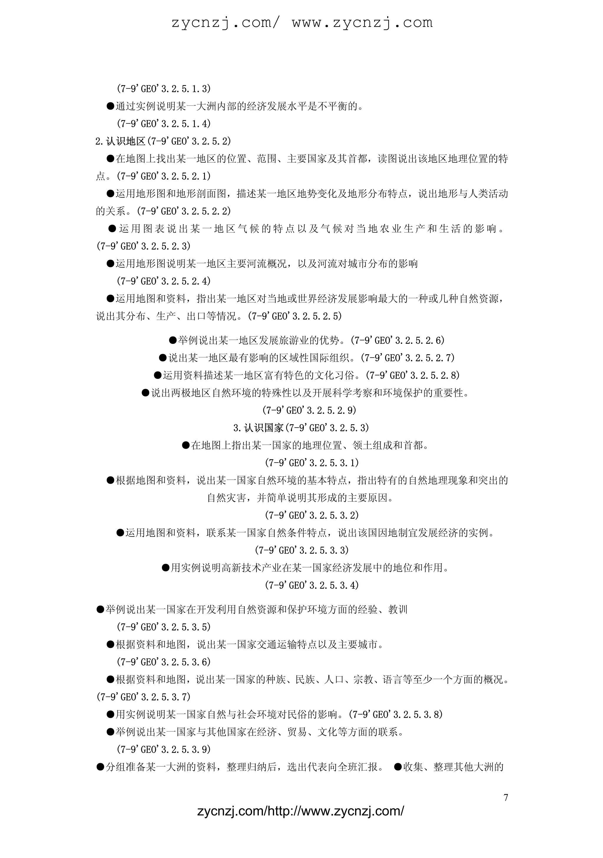 zycnzj.com/ www.zycnzj.com


   (7-9'GEO'3.2.5.1.3)
 ●通过实例说明某一大洲内部的经济发展水平是不平衡的。
   (7-9'GEO'3.2.5.1.4)
2.认识地区(7-9'GEO'3.2.5.2)
 ●在地图上找出某一地区的位置、范围、主要国家及其首都，读图说出该地区地理位置的特
点。(7-9'GEO'3.2.5.2.1)
 ●运用地形图和地形剖面图，描述某一地区地势变化及地形分布特点，说出地形与人类活动
的关系。(7-9'GEO'3.2.5.2.2)
  ●运用图表说出某一地区气候的特点以及气候对当地农业生产和生活的影响。
(7-9'GEO'3.2.5.2.3)
 ●运用地形图说明某一地区主要河流概况，以及河流对城市分布的影响
   (7-9'GEO'3.2.5.2.4)
 ●运用地图和资料，指出某一地区对当地或世界经济发展影响最大的一种或几种自然资源，
说出其分布、生产、出口等情况。(7-9'GEO'3.2.5.2.5)

              ●举例说出某一地区发展旅游业的优势。(7-9'GEO'3.2.5.2.6)
            ●说出某一地区最有影响的区域性国际组织。(7-9'GEO'3.2.5.2.7)
           ●运用资料描述某一地区富有特色的文化习俗。(7-9'GEO'3.2.5.2.8)
        ●说出两极地区自然环境的特殊性以及开展科学考察和环境保护的重要性。
                                (7-9'GEO'3.2.5.2.9)
                           3.认识国家(7-9'GEO'3.2.5.3)
                ●在地图上指出某一国家的地理位置、领土组成和首都。
                                (7-9'GEO'3.2.5.3.1)
 ●根据地图和资料，说出某一国家自然环境的基本特点，指出特有的自然地理现象和突出的
                       自然灾害，并简单说明其形成的主要原因。
                                (7-9'GEO'3.2.5.3.2)
   ●运用地图和资料，联系某一国家自然条件特点，说出该国因地制宜发展经济的实例。
                              (7-9'GEO'3.2.5.3.3)
            ●用实例说明高新技术产业在某一国家经济发展中的地位和作用。
                                (7-9'GEO'3.2.5.3.4)

●举例说出某一国家在开发利用自然资源和保护环境方面的经验、教训
   (7-9'GEO'3.2.5.3.5)
 ●根据资料和地图，说出某一国家交通运输特点以及主要城市。
   (7-9'GEO'3.2.5.3.6)
 ●根据资料和地图，说出某一国家的种族、民族、人口、宗教、语言等至少一个方面的概况。
(7-9'GEO'3.2.5.3.7)
 ●用实例说明某一国家自然与社会环境对民俗的影响。(7-9'GEO'3.2.5.3.8)
 ●举例说出某一国家与其他国家在经济、贸易、文化等方面的联系。
   (7-9'GEO'3.2.5.3.9)
●分组准备某一大洲的资料，整理归纳后，选出代表向全班汇报。 ●收集、整理其他大洲的


                                                          7
                      zycnzj.com/http://www.zycnzj.com/
 