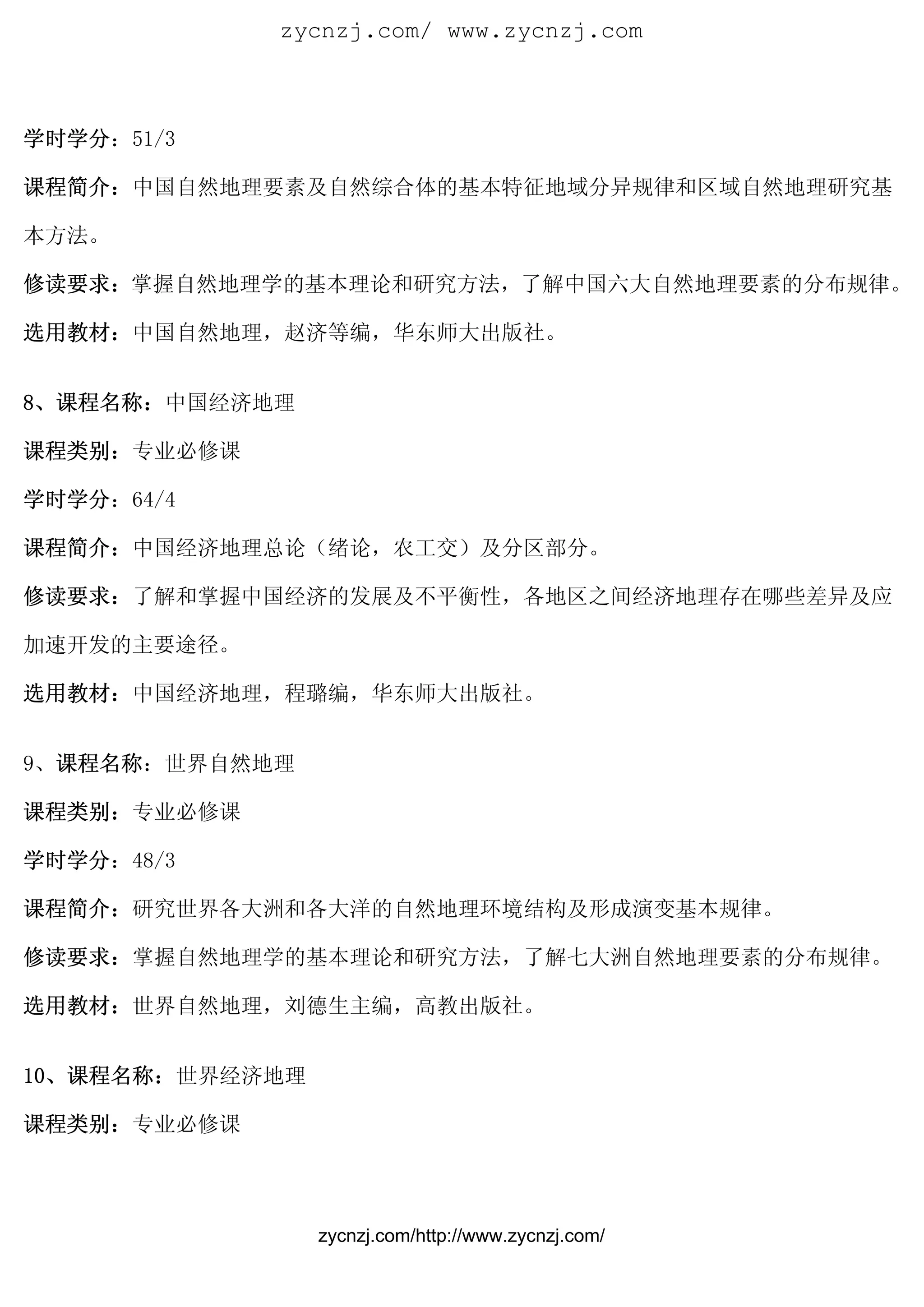 zycnzj.com/ www.zycnzj.com



学时学分：51/3

课程简介：中国自然地理要素及自然综合体的基本特征地域分异规律和区域自然地理研究基

本方法。

修读要求：掌握自然地理学的基本理论和研究方法，了解中国六大自然地理要素的分布规律。

选用教材：中国自然地理，赵济等编，华东师大出版社。


8、课程名称：中国经济地理

课程类别：专业必修课

学时学分：64/4

课程简介：中国经济地理总论（绪论，农工交）及分区部分。

修读要求：了解和掌握中国经济的发展及不平衡性，各地区之间经济地理存在哪些差异及应

加速开发的主要途径。

选用教材：中国经济地理，程璐编，华东师大出版社。


9、课程名称：世界自然地理

课程类别：专业必修课

学时学分：48/3

课程简介：研究世界各大洲和各大洋的自然地理环境结构及形成演变基本规律。

修读要求：掌握自然地理学的基本理论和研究方法，了解七大洲自然地理要素的分布规律。

选用教材：世界自然地理，刘德生主编，高教出版社。


10、课程名称：世界经济地理

课程类别：专业必修课




                 zycnzj.com/http://www.zycnzj.com/
 
