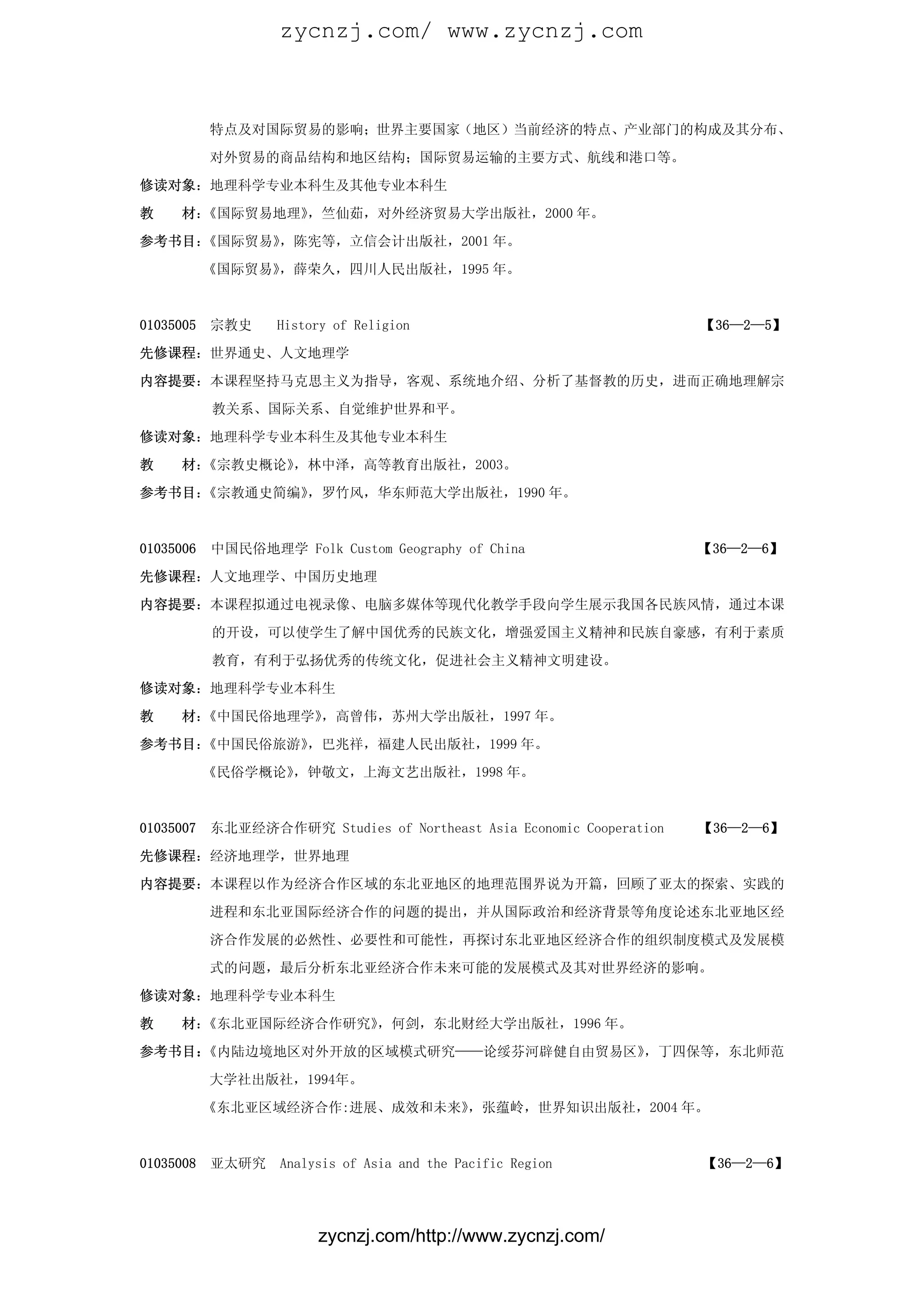 zycnzj.com/ www.zycnzj.com



           特点及对国际贸易的影响；世界主要国家（地区）当前经济的特点、产业部门的构成及其分布、

           对外贸易的商品结构和地区结构；国际贸易运输的主要方式、航线和港口等。

修读对象：地理科学专业本科生及其他专业本科生

教    材：《国际贸易地理》，竺仙茹，对外经济贸易大学出版社，2000 年。

参考书目：《国际贸易》，陈宪等，立信会计出版社，2001 年。

           《国际贸易》，薛荣久，四川人民出版社，1995 年。



01035005   宗教史     History of Religion                                【36—2—5】

先修课程：世界通史、人文地理学

内容提要：本课程坚持马克思主义为指导，客观、系统地介绍、分析了基督教的历史，进而正确地理解宗

           教关系、国际关系、自觉维护世界和平。

修读对象：地理科学专业本科生及其他专业本科生

教    材：《宗教史概论》，林中泽，高等教育出版社，2003。

参考书目：《宗教通史简编》，罗竹风，华东师范大学出版社，1990 年。



01035006   中国民俗地理学 Folk Custom Geography of China                     【36—2—6】

先修课程：人文地理学、中国历史地理

内容提要：本课程拟通过电视录像、电脑多媒体等现代化教学手段向学生展示我国各民族风情，通过本课

           的开设，可以使学生了解中国优秀的民族文化，增强爱国主义精神和民族自豪感，有利于素质

           教育，有利于弘扬优秀的传统文化，促进社会主义精神文明建设。

修读对象：地理科学专业本科生

教    材：《中国民俗地理学》，高曾伟，苏州大学出版社，1997 年。

参考书目：《中国民俗旅游》，巴兆祥，福建人民出版社，1999 年。

           《民俗学概论》，钟敬文，上海文艺出版社，1998 年。



01035007   东北亚经济合作研究 Studies of Northeast Asia Economic Cooperation   【36—2—6】

先修课程：经济地理学，世界地理

内容提要：本课程以作为经济合作区域的东北亚地区的地理范围界说为开篇，回顾了亚太的探索、实践的

           进程和东北亚国际经济合作的问题的提出，并从国际政治和经济背景等角度论述东北亚地区经

           济合作发展的必然性、必要性和可能性，再探讨东北亚地区经济合作的组织制度模式及发展模

           式的问题，最后分析东北亚经济合作未来可能的发展模式及其对世界经济的影响。

修读对象：地理科学专业本科生

教    材：《东北亚国际经济合作研究》，何剑，东北财经大学出版社，1996 年。
参考书目：《内陆边境地区对外开放的区域模式研究——论绥芬河辟健自由贸易区》，丁四保等，东北师范

           大学社出版社，1994年。

           《东北亚区域经济合作:进展、成效和未来》，张蕴岭，世界知识出版社，2004 年。



01035008   亚太研究    Analysis of Asia and the Pacific Region            【36—2—6】




                        zycnzj.com/http://www.zycnzj.com/
 