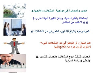 4- الصبر والمصابرة في مواجهة  المشكلات وعلاجها 5- الأستعانه بالأفراد أحيانا وبأهل الخبرة أحيانا أخرى   ((  لا خاب من استشار  )) 6- الموضوعية واتباع الأسلوب العلمي في حل المشكلات 7- عدم التهاون أو التباطؤ في حل المشكلات التي لا يكون الزمن جزء من العلاج فيها 8- الحماس لتنفيذ علاج المشكلات كالحماس لتلمس  وتحليل ودراسة اسبابها 