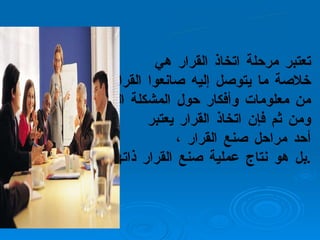 تعتبر مرحلة اتخاذ القرار هي  خلاصة ما يتوصل إليه صانعوا القرار من معلومات وأفكار حول المشكلة القائمة ... ومن ثم فإن اتخاذ القرار يعتبر  أحد مراحل صنع القرار ،  بل هو نتاج عملية صنع القرار ذاتها  . صنع القرار : 