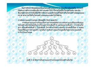 ในการคนหาขอมูลแบบนี้บนโครงสรางของกราฟ มีขอที่นาสังเกตุคือ โหนดที่
เริ่มตนการสํารวจจะตองมีการกําหนดมาใหวาโหนดใดเปนโหนดเริ่มตน และขอ
สังเกตุอีกประการหนึ่งคือวิธีการคนหาแบบลึกกอนที่ใชสําหรับโครงสรางขอมูลแบบ
กราฟ สามารถใชกับโครงสรางขอมูลแบบตนไมไดดวย

การคนหาแบบกวางกอน (Breadth first search)
      การคนหาแบบกวางกอนเปนการกําหนดทิศทางการคนหาแบบที่ละระดับของ
โครงสรางตนไมโดยเริ่มจากโหนดราก(ระดับที่ 0) แลวลงมาระดับที่ 1 จากซายไป
ขวา เมื่อเสร็จระดับที่ 1 ไประดับที่ 2จากซายไปขวาเชนกัน ทําเชนนี้เรื่อย ๆ จนพบ
โหนดที่ตองการตามรูปที่ 3 ลําดับการเดินทางของโหนดเปนไปตามหมายเลขที่
กํากับไวบนโหนด




          รูปที่ 3 ลําดับการคนหาแบบกวางกอนบนโครงสรางตนไม
 