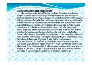 การคนหาดีสุดกอน(Best-first search)
      เปนกระบวนการคนหาขอมูลที่ไดนําเอาขอดีของทั้งการคนหาแบบลึกกอน
(Depth firstsearch) และการคนหาแบบกวางกอน(Breadth first search) มา
รวมกันเปนวิธีการเดียว โดยที่แตละขั้นของการคนหาในโหนดลูกนั้น การคนหาแบบดี
ที่ดีกอนจะเลือกเอา โหนดที่ดีที่สุด (most promising)และการที่จะทราบวาโหนดใด
ดีที่สุดนี้สามารถทําไดโดยอาศัยฮิวริสติกฟงกชัน ซึ่งฮิวริสติก ฟงกชันนี้จะทําหนาที่
เหมือนตัววัดผล และใหผลของการวัดนี้ออกมาเปนคะแนน รูปที่ 2.7 เปนตัวอยาง
ของการคนหาแบบดีที่สุดกอน ขั้นตอนนี้เริ่มจากตอน 1 สรางโหนดราก(root
node) ในขั้นตอน 2สรางโหนดลูกB และ C แลวตรวจสอบโหนด B และ C ดวยฮิวริ
สติกฟงกชัน ไดผลออกมาเปนคะแนนคือ 3 และ 1ตามลํ าดับ จากนั้นใหเลือก
โหนด C เปนโหนดตอไปที่เราสนใจ เพราะมีคานอยกวา (หมายเหตุ ในการเลือกนี้จะ
เลือกคามากสุด หรือนอยสุดก็ได ขึ้นอยูกับลักษณะของปญหา) แลวสรางโหนด ลูก
ใหกับโหนด C ในขั้นตอน 3 ไดโหนด D และ Eแลวตรวจสอบคะแนน
ได 4 และ 6 ตามลํ าดับ จากนั้นทํ าการเปรียบเทียบคาของโหนดทายสุด หรือ
เทอรมินอล โหนด(terminal node) ทุกโหนด วาโหนด ใดมีคาดีที่สุด ในที่นี้จะตอง
เลือกโหนด B เพราะมีคะแนนเพียง 3 (เลือกคะแนนตํ่าสุด) แลวสรางโหนด ลูกตาม
ขั้นตอน 4 ได F และ G แลวตรวจ สอบคะแนนได 6 และ 5 คะแนนตามลํ าดับ ทํา
เชนนี้เรื่อย ๆ จนพบคําตอบหรือจนไมสามารถ สรางโหนดตอไปไดอีก
 