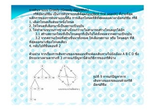การคนหาแบบ Greedy (Greedy Algorithm)
    กรีดีอัลกอริธึม เปนการคนหาแบบดีที่สุดกอน(Best first search) ที่งายที่สุด
หลักการของการคนหาแบบนี้คือ การเลือกโหนดที่ดีที่สุดตลอดเวลาอัลกอริธึม กรีดี
1. เลือกโหนดเริ่มตนมาหนึ่งโหนด
2. ใหโหนดที่เลือกมานี้เปนสถานะปจจุบัน
3. ใหทําตามขบวนการขางลางนี้จนกวาจะไมสามารถสรางโหนดลูกไดอีก
      3.1 สรางสถานะใหมที่เปนโหนดลูกที่เปนไปไดทั้งหมดจากสถานะปจจุบัน
      3.2 จากสถานะใหมที่สรางขึ้นมาทั้งหมด ใหเลือกสถานะ หรือ โหนดลูก ที่ดี
ที่สุดออกมาเพียงโหนดเดียว
4. กลับไปที่ขึ้นตอนที่ 2

ตัวอยาง จากเรื่องการเดินทางของเซลแมนที่จะตองเดินทางไปยังเมือง A B C D ซึ่ง
มีระยะทางตามตารางที่ 3 เราจะแกปญหานี้ดวยวิธีการของกรีดีบาง




                                               รูปที่ 9 การแกปญหาการ
                                               เดินทางของเซลแมนดวยกรีดี
                                               อัลกอริธึม
 