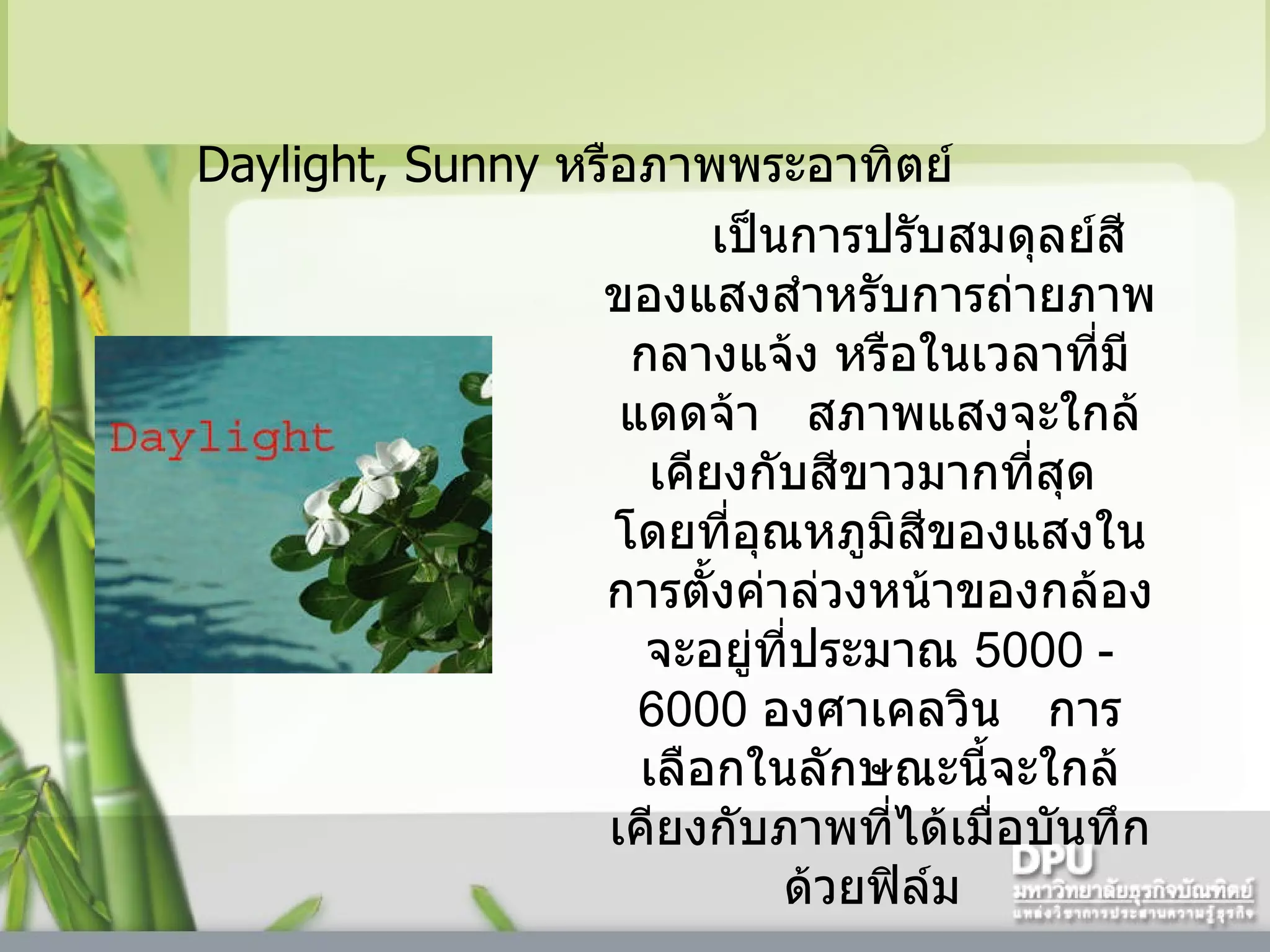 Daylight, Sunny  หรือภาพพระอาทิตย์     เป็นการปรับสมดุลย์สีของแสงสำหรับการถ่ายภาพกลางแจ้ง หรือในเวลาที่มีแดดจ้า     สภาพแสงจะใกล้เคียงกับสีขาวมากที่สุด    โดยที่อุณหภูมิสีของแสงในการตั้งค่าล่วงหน้าของกล้องจะอยู่ที่ประมาณ  5000  -  6000   องศาเคลวิน     การเลือกในลักษณะนี้จะใกล้เคียงกับภาพที่ได้เมื่อบันทึกด้วยฟิล์ม  