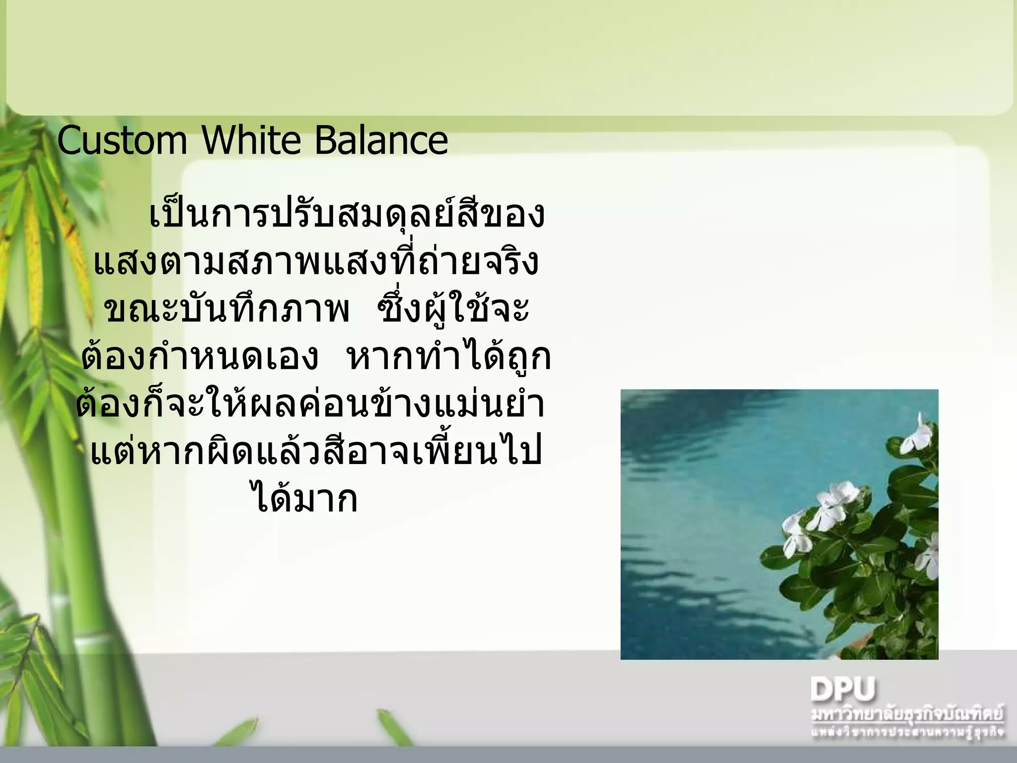 Custom White Balance  เป็นการปรับสมดุลย์สีของแสงตามสภาพแสงที่ถ่ายจริงขณะบันทึกภาพ    ซึ่งผู้ใช้จะต้องกำหนดเอง    หากทำได้ถูกต้องก็จะให้ผลค่อนข้างแม่นยำ    แต่หากผิดแล้วสีอาจเพี้ยนไปได้มาก    