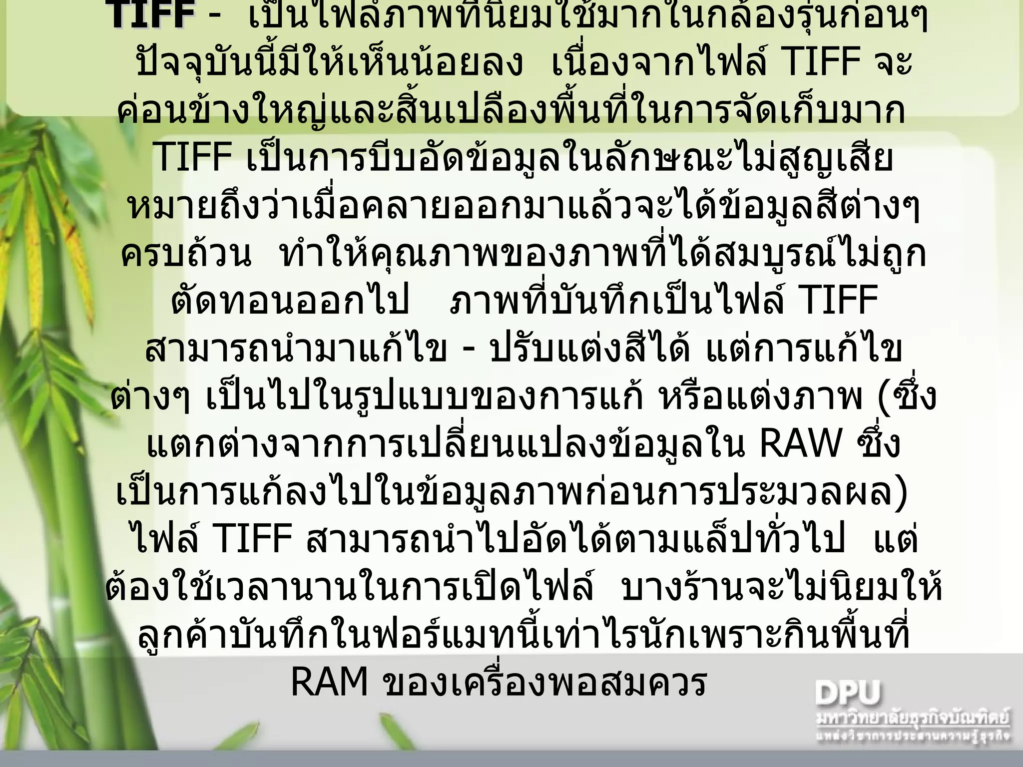 TIFF  -   เป็นไฟล์ภาพที่นิยมใช้มากในกล้องรุ่นก่อนๆ    ปัจจุบันนี้มีให้เห็นน้อยลง    เนื่องจากไฟล์  TIFF  จะค่อนข้างใหญ่และสิ้นเปลืองพื้นที่ในการจัดเก็บมาก     TIFF  เป็นการบีบอัดข้อมูลในลักษณะไม่สูญเสีย หมายถึงว่าเมื่อคลายออกมาแล้วจะได้ข้อมูลสีต่างๆ ครบถ้วน    ทำให้คุณภาพของภาพที่ได้สมบูรณ์ไม่ถูกตัดทอนออกไป     ภาพที่บันทึกเป็นไฟล์  TIFF  สามารถนำมาแก้ไข  -  ปรับแต่งสีได้ แต่การแก้ไขต่างๆ เป็นไปในรูปแบบของการแก้ หรือแต่งภาพ  ( ซึ่งแตกต่างจากการเปลี่ยนแปลงข้อมูลใน  RAW  ซึ่งเป็นการแก้ลงไปในข้อมูลภาพก่อนการประมวลผล )     ไฟล์  TIFF  สามารถนำไปอัดได้ตามแล็ปทั่วไป    แต่ต้องใช้เวลานานในการเปิดไฟล์    บางร้านจะไม่นิยมให้ลูกค้าบันทึกในฟอร์แมทนี้เท่าไรนักเพราะกินพื้นที่  RAM  ของเครื่องพอสมควร      