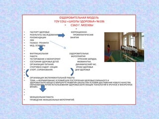 ОЗДОРОВИТЕЛЬНАЯ МОДЕЛЬ ГОУ СОШ «ШКОЛЫ ЗДОРОВЬЯ» №106 СЗАО Г. МОСКВЫ   ПАСПОРТ ЗДОРОВЬЯ  КОРРЕКЦИОННО- РЕЗУЛЬТАТЫ ОБСЛЕДОВАНИЯ  ПРОФИЛАКТИЧЕСКИЕ  РЕКОМЕНДАЦИИ  ЗАНЯТИЯ ЛФК ПСИХОЛ. ТРЕНИНГИ МЕД. ОСМОТРЫ      ВНУТРИШКОЛЬНАЯ  ОЗДОРОВИТЕЛЬНЫЕ РАБОТА  МЕРОПРИЯТИЯ  ТЕСТИРОВАНИЕ И МОНИТОРИНГ  УТРЕННЯЯ ЗАРЯДКА. СОСТОЯНИЯ ЗДОРОВЬЯ ДЕТЕЙ.  ФИЗМИНУТКИ. ОРГАНИЗАЦИЯ ПИТАНИЯ.  ДИНАМИЧЕСКИЙ ЧАС. СПОРТИВНО-ОЗДОР. СЕКЦИИ.  УРОКИ ЗДОРОВЬЯ СПОРТ. СОРЕВНОВАНИЯ.  ДНИ ЗДОРОВЬЯ      ОРГАНИЗАЦИЯ ЭКСПЕРИМЕНТАЛЬНОЙ РАБОТЫ ТЕМА: ««ФОРМИРОВАНИЕ УСЛОВИЙ ДЛЯ ПОСТОРОЕНИЯ ЗДОРОВЬЕСОХРАННОГО И ЗДОРОВЬЕСБЕРЕГАЮЩЕГО МАРШРУТА РАЗВИТИЯ ШКОЛЫ КАК УСЛОВИЯ ДОСТИЖЕНИЯ НОВОГО КАЧЕСТВА ОБРАЗОВАНИЯ ПУТЕМ ИСПОЛЬЗОВАНИЯ ЗДОРОВЬЕСБЕРЕГАЮЩИХ ТЕХНОЛОГИЙ В УРОЧНОЕ И ВНЕУРОЧНОЕ ВРЕМЯ».     МЕЖШКОЛЬНАЯ РАБОТА ПРОВЕДЕНИЕ МЕЖШКОЛЬНЫХ МЕРОПРИЯТИЙ. 