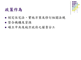 政策作為
制定住宅法、實施方案及修訂相關法規
整合機構及資源
確立中央及地方政府之權責分工
 