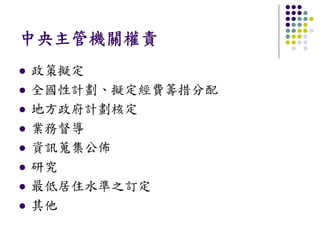 中央主管機關權責
政策擬定
全國性計劃、擬定經費籌措分配
地方政府計劃核定
業務督導
資訊蒐集公佈
研究
最低居住水準之訂定
其他
 